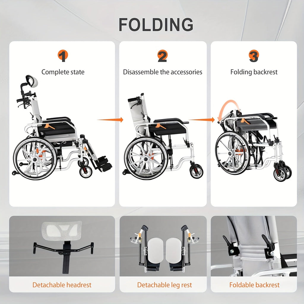 4-in-1 Heavy-Duty Wheelchair with Elevating Leg Rests & Potty - Wide Seat Transport Chair Suitable for Seniors & Adults, Recliner Wheelchair with Head/Leg Support, Brakes & -Tippers
