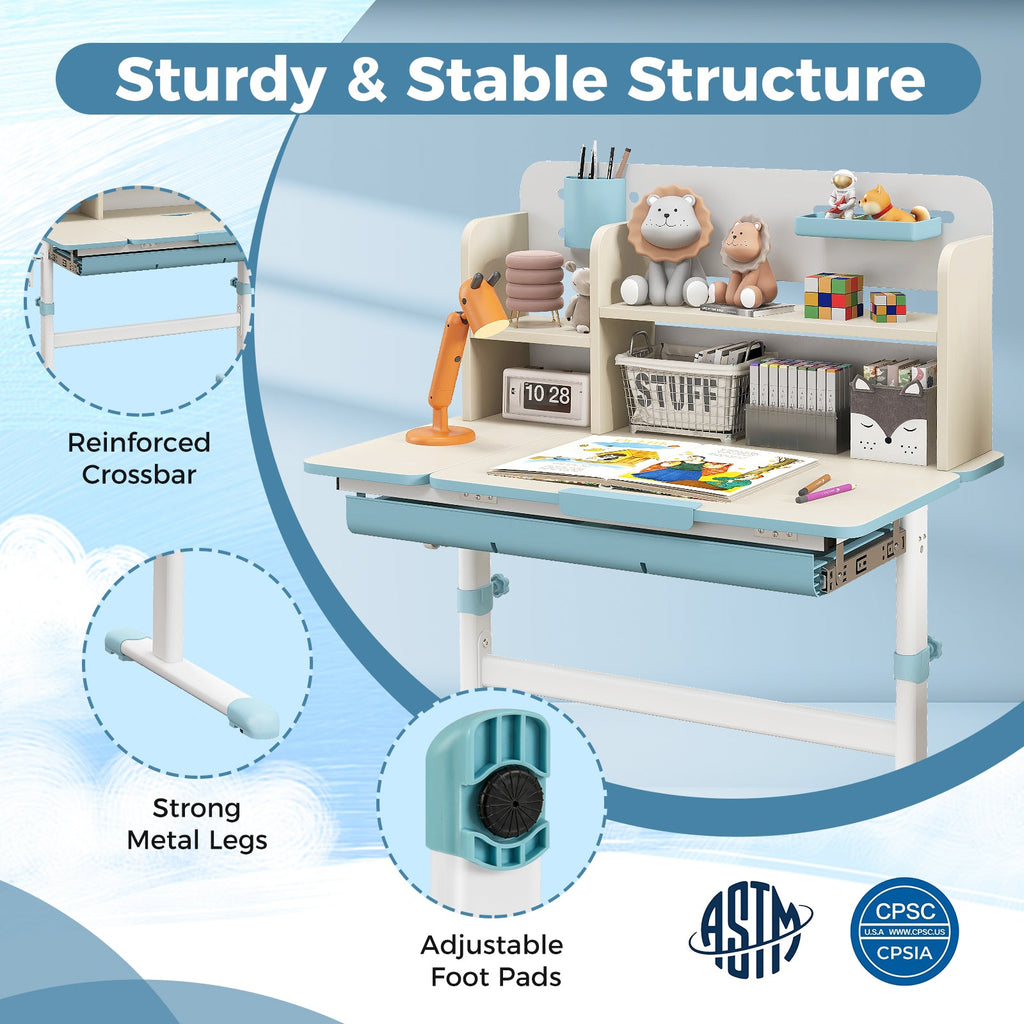 Height Adjustable Kids Study Desk with Tilt Desktop for 3-12 Years Old-Blue