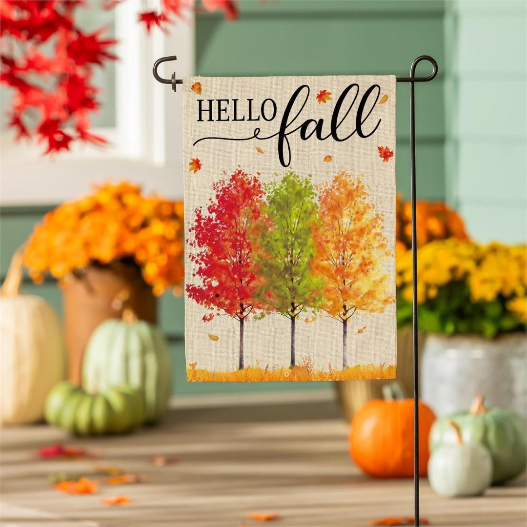 Hello Fall Autumn 2-Sided Burlap Garden Flag | 12.5" x 18"