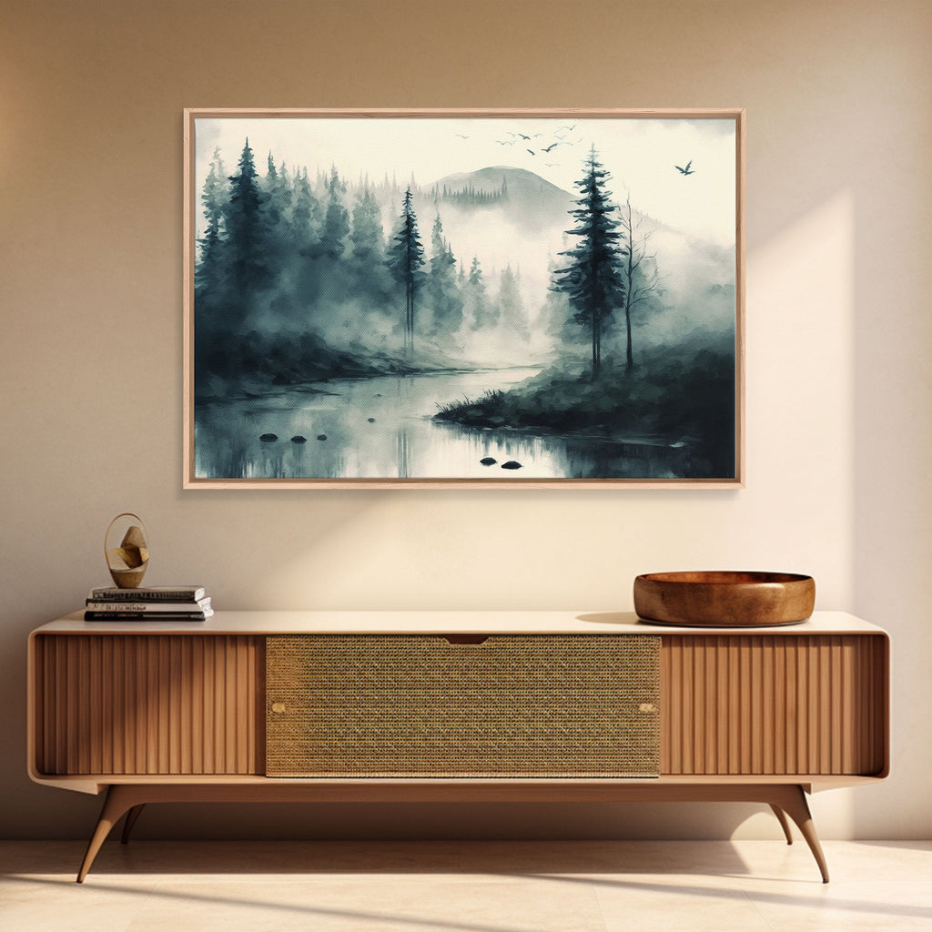 Watercolor of a foggy pine tree forest, framed canvas print, unique wall art, contemporary art, modern art