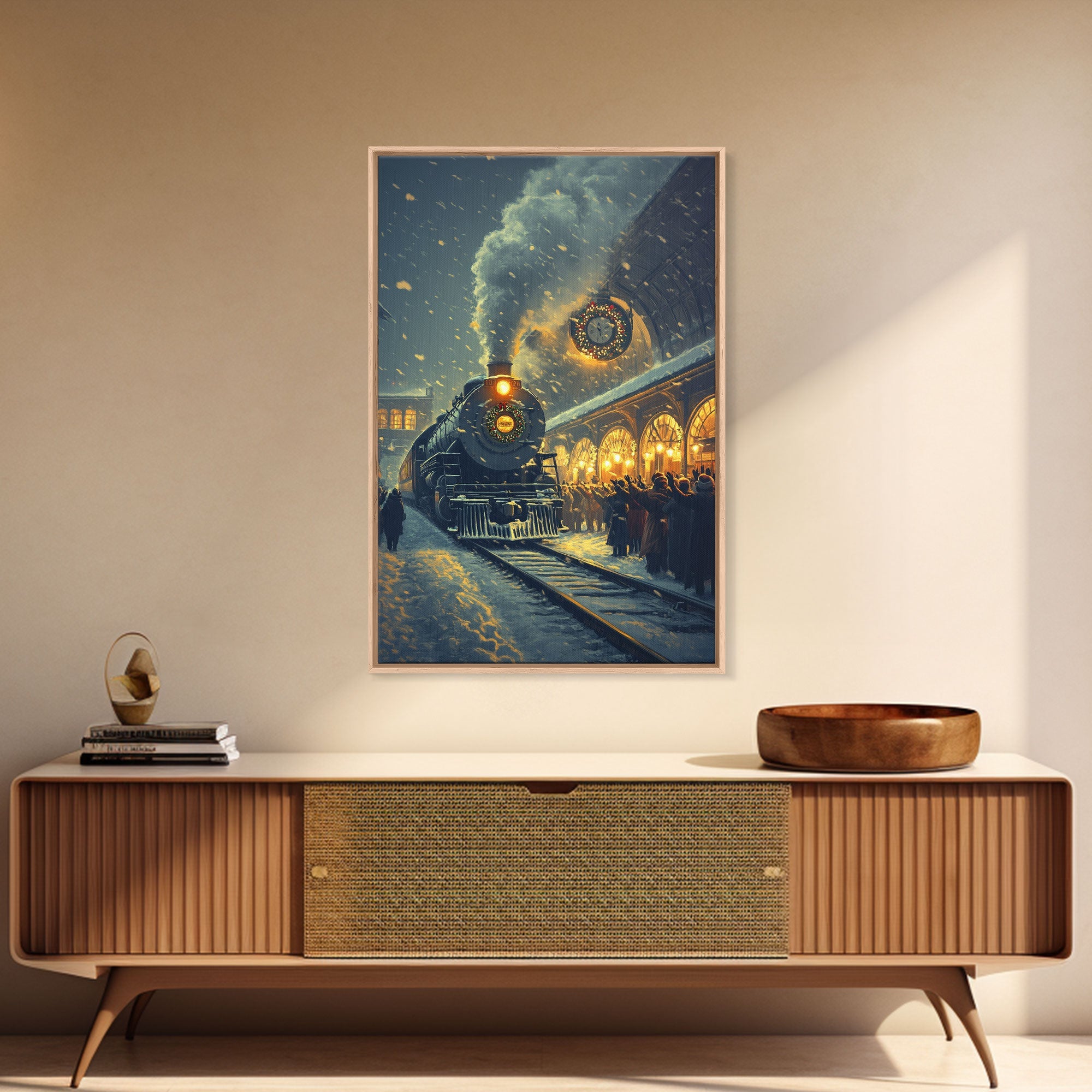 Nostalgic Christmas Train Station Scene in Snowy Winter Night, Ideal for Holiday Decor, Framed Canvas Print