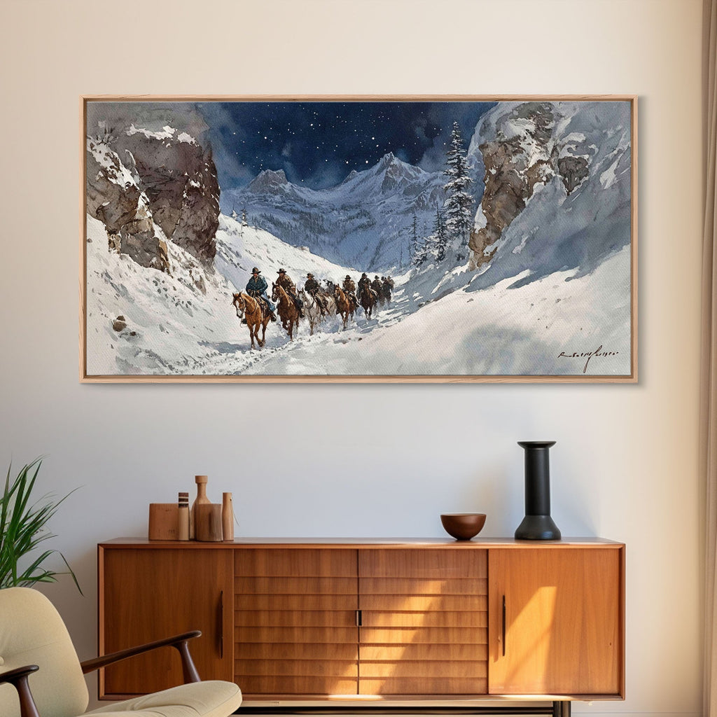 Winter Wonderland Snowy Mountain Trail Canvas Print, Rustic Christmas Cowboy Theme, Holiday Home Decor, Winter Landscape Art