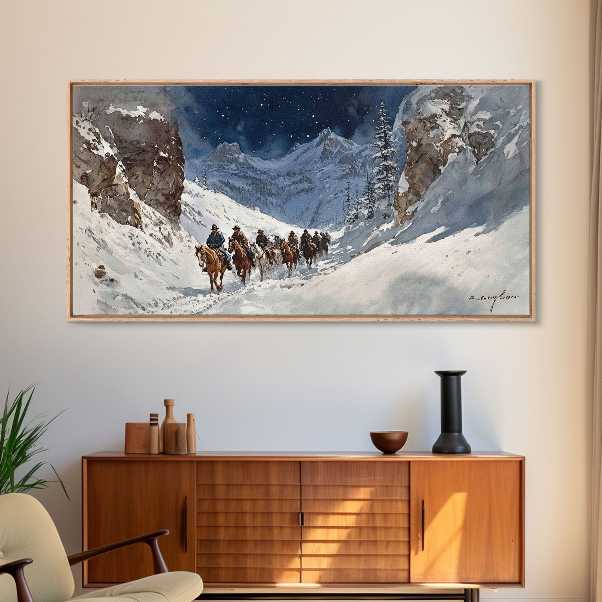 Winter Wonderland Snowy Mountain Trail Canvas Print, Rustic Christmas Cowboy Theme, Holiday Home Decor, Winter Landscape Art