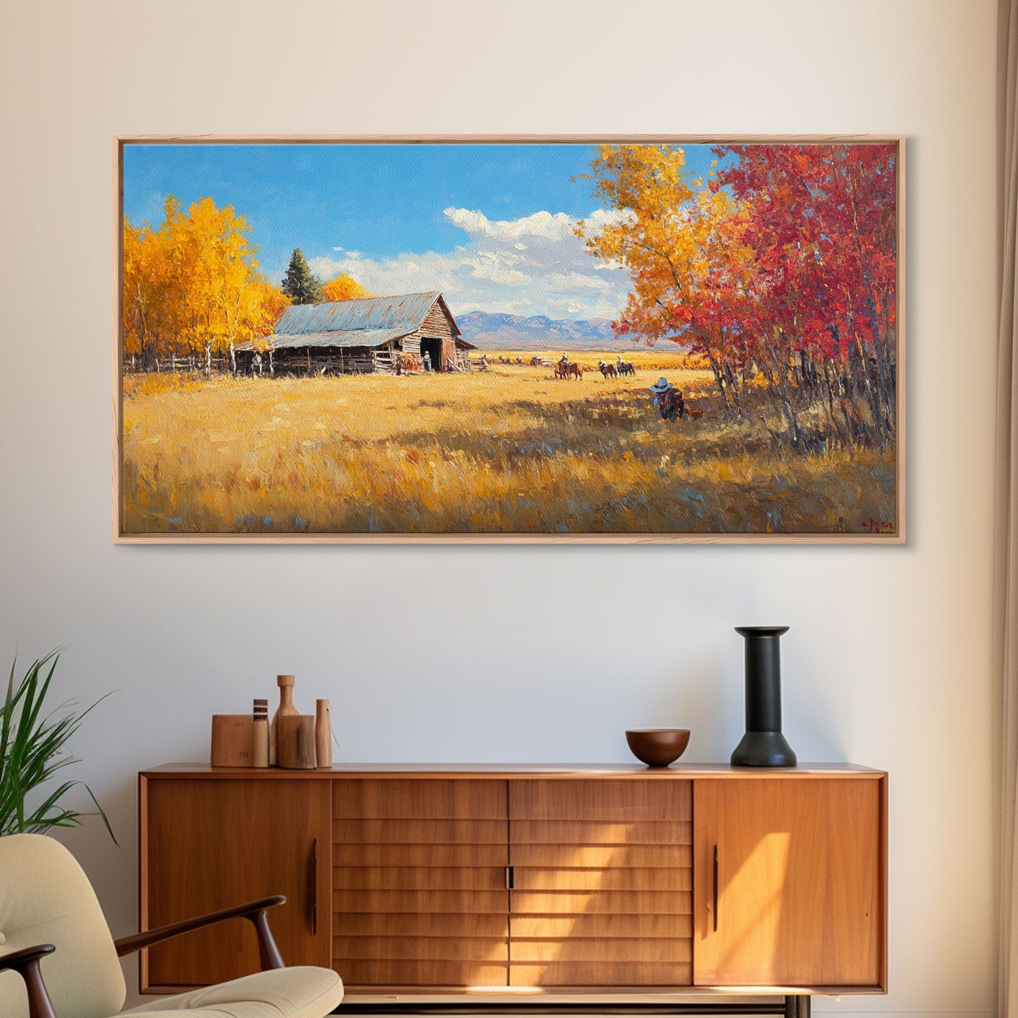 Group Of Horseback Riders In Autumn Field, Rustic Fall Scene Wall Art, Country Farmhouse Framed Canvas Print, Cozy Harvest Time Art