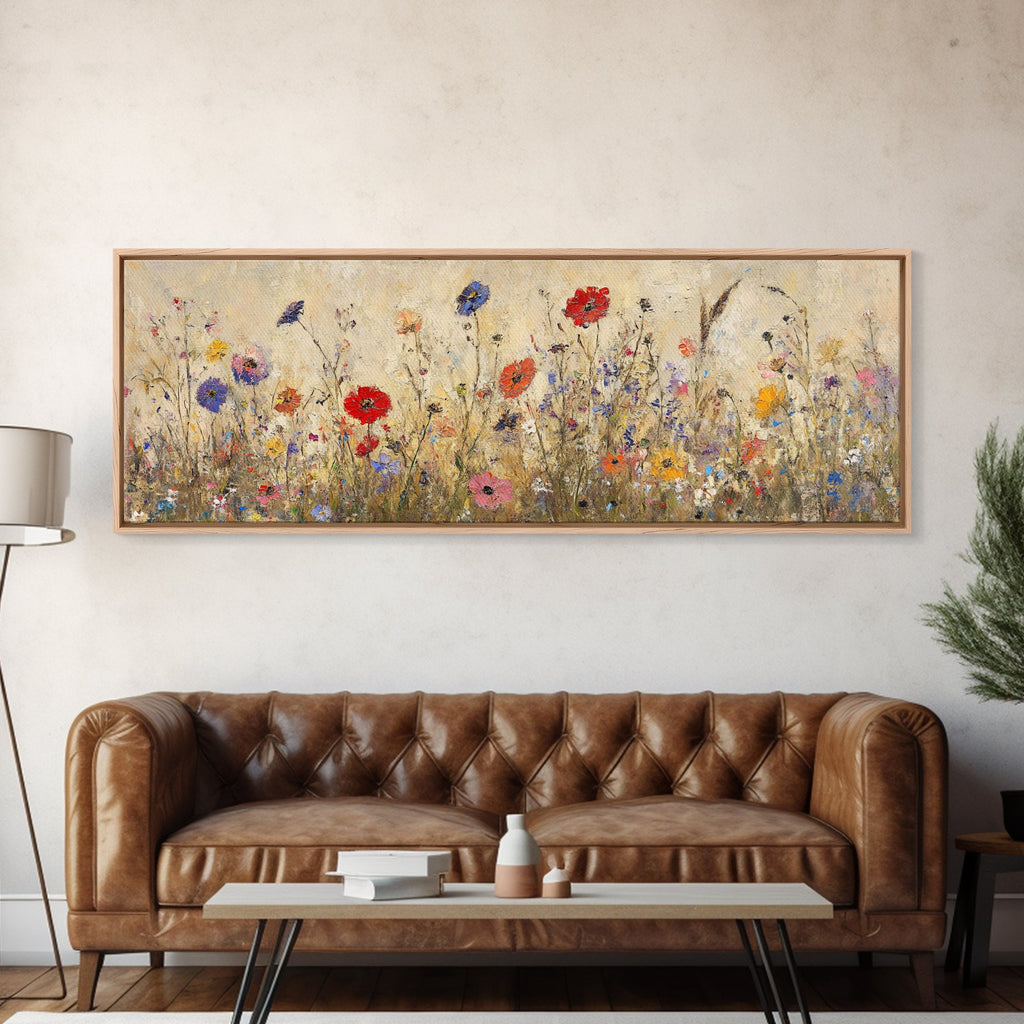 Field of Wildflowers, Spring Floral Decor, Oil Painting Canvas Print, Panoramic Art, Boho Floral Decor, Botanical Wall Art, Field of Flowers
