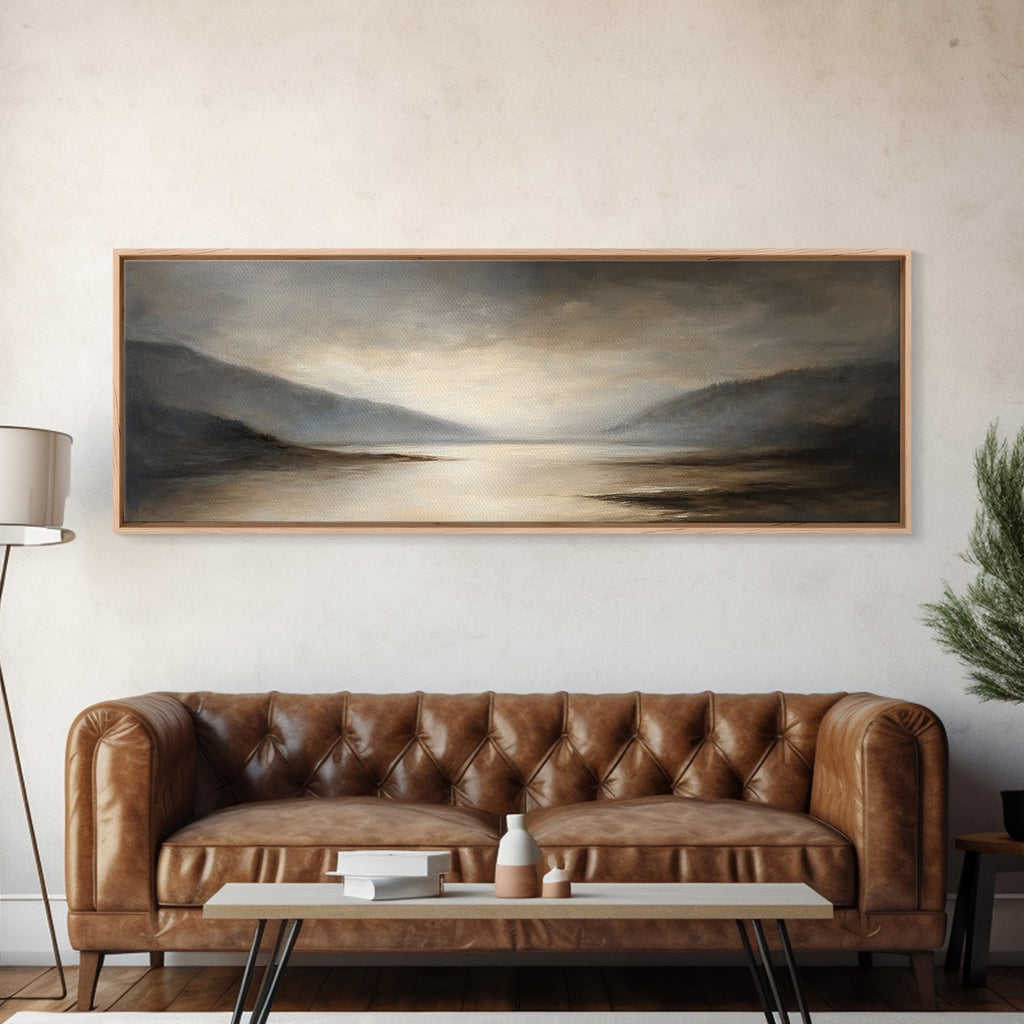 Moody Seascape Wall Art, Framed Canvas Print, Horizontal Panoramic Wall Art, Cloudy Day, Large and Wide Calm Decor, Modern Wall Art