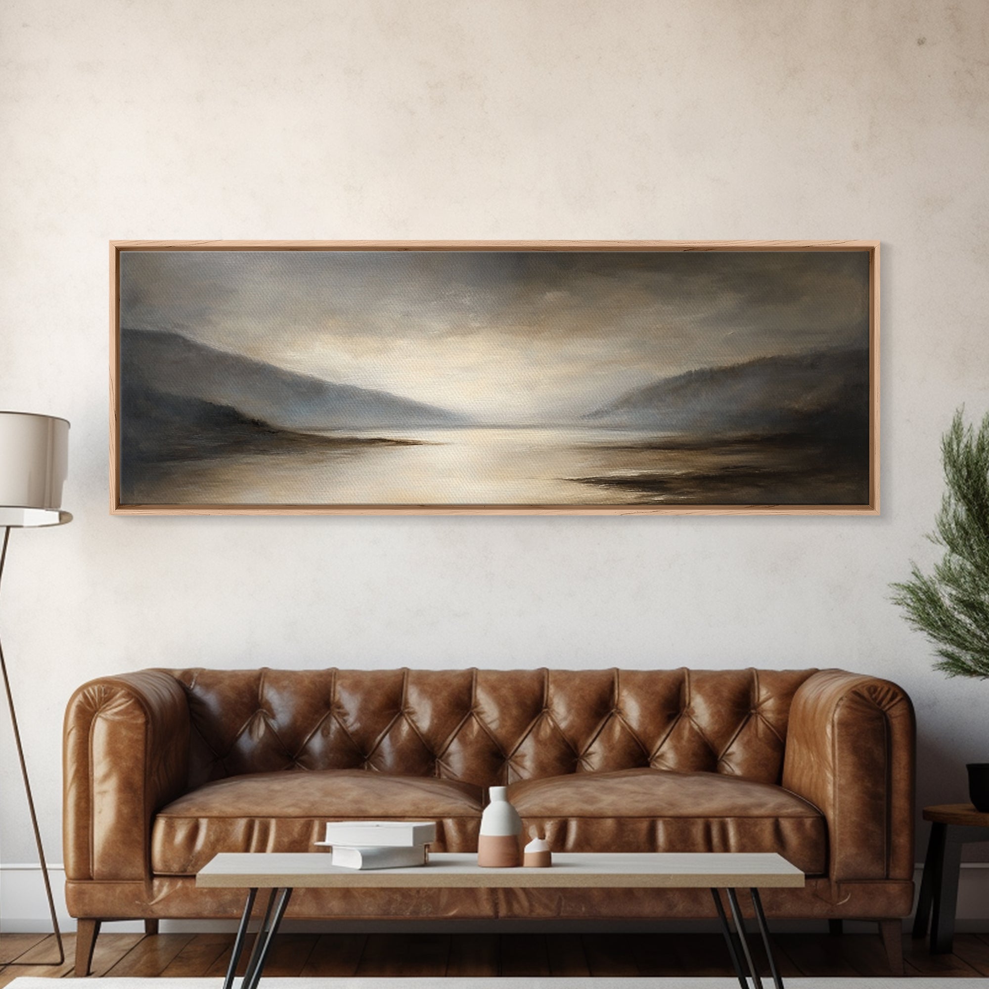 Moody Seascape Wall Art, Framed Canvas Print, Horizontal Panoramic Wall Art, Cloudy Day, Large and Wide Calm Decor, Modern Wall Art