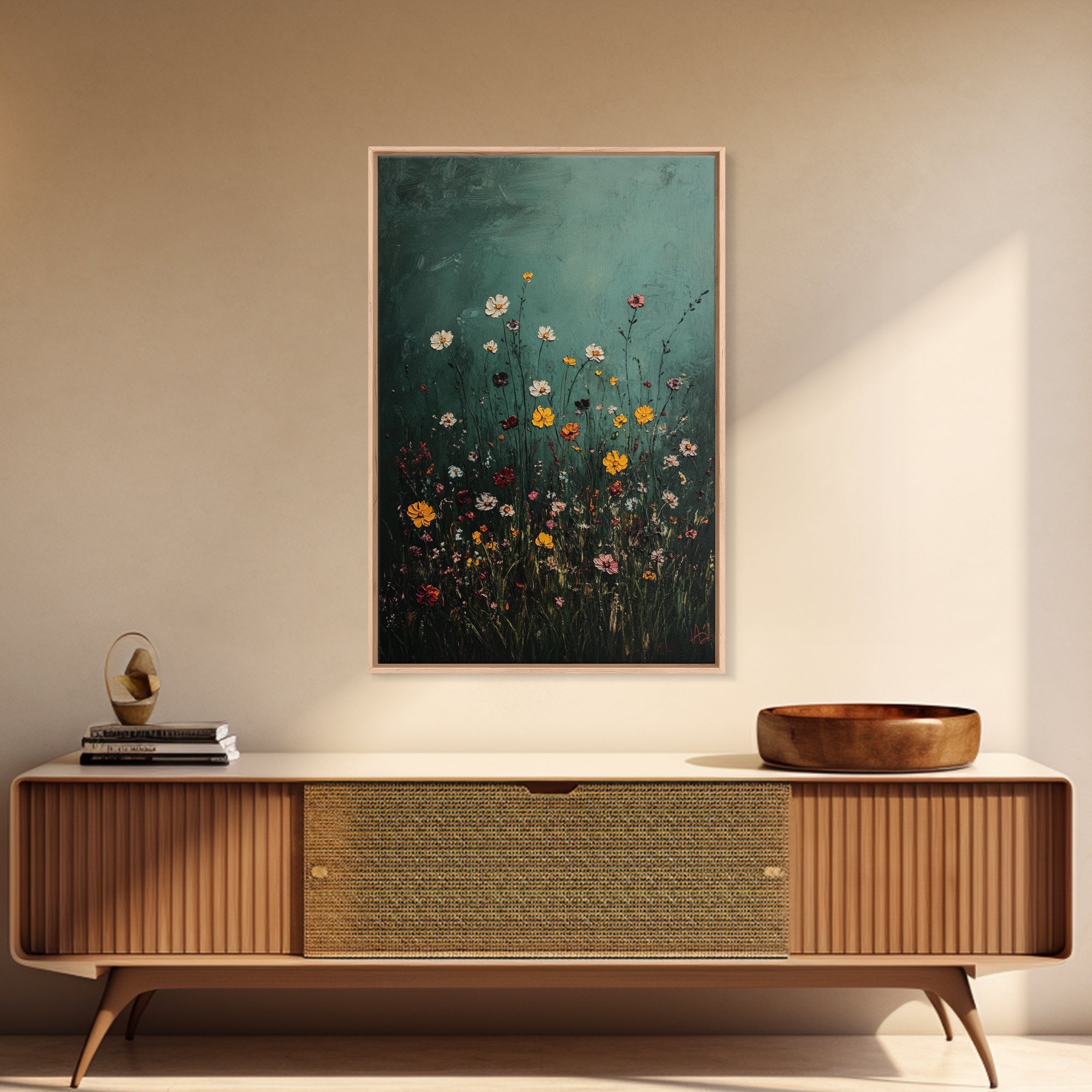 Dark & Moody Wild Flowers Print, Framed Canvas, Boho Decor, Wildflowers in a Rain Storm, Modern Farmhouse, Rustic Decor
