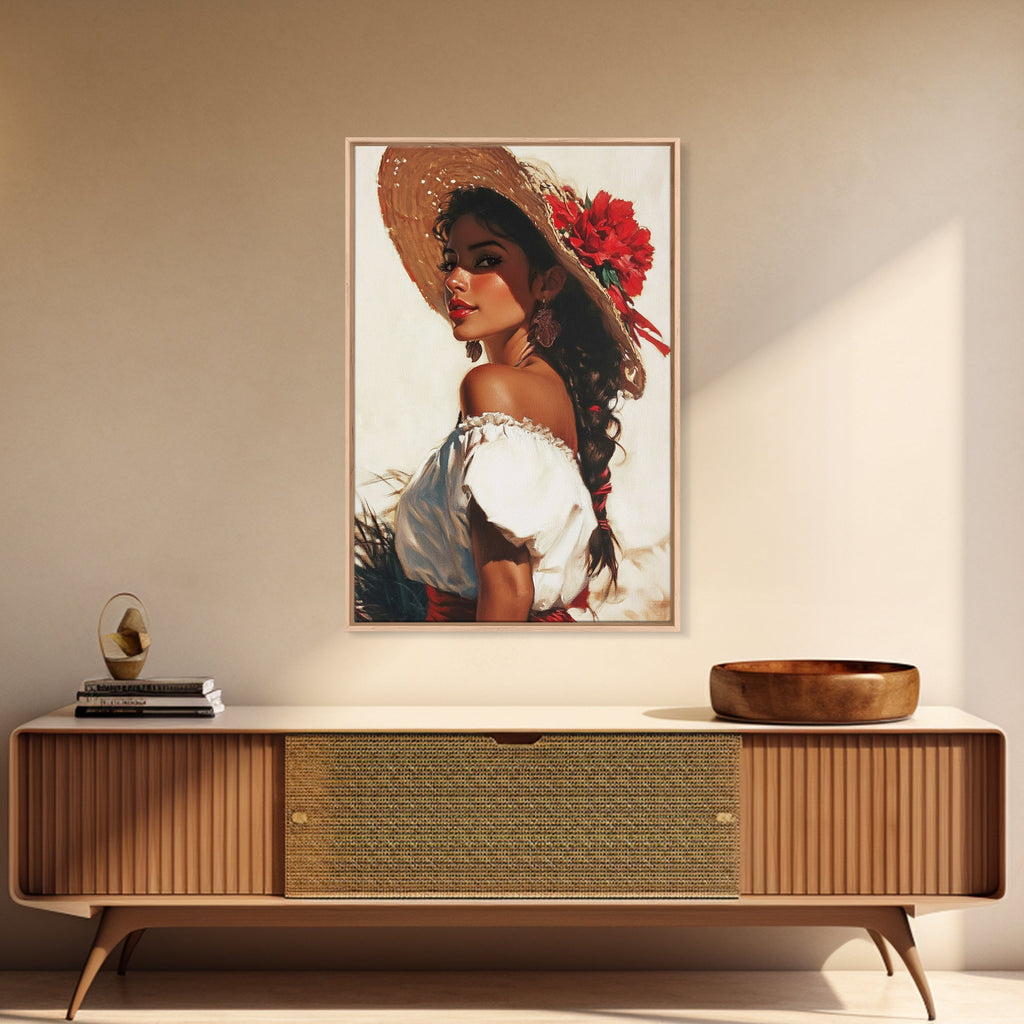 Mexicano Latina Portrait Canvas Print, Romantic Mariachi Wall Decor, Southwestern Modern Art, Rustic Mexicano Wall Art, Chicano Painting