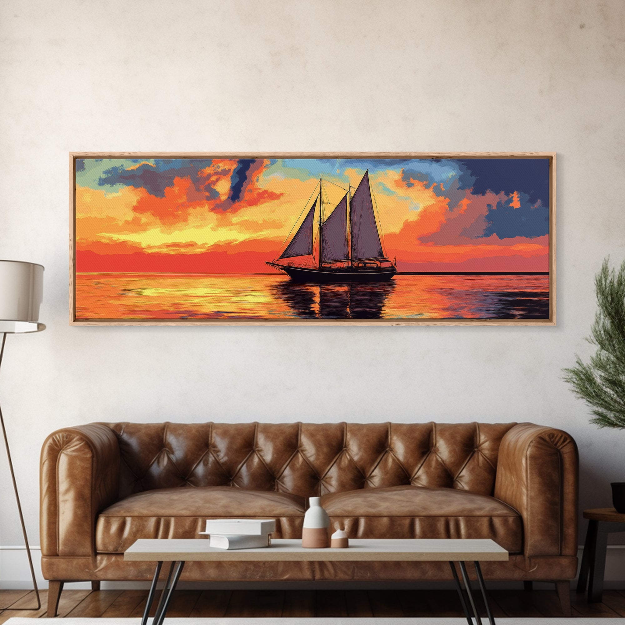 Pirate Ship at Sunset Framed Canvas Print - Panoramic Wall Art - Sailboat Painting - Sail Boat Art - Nautical Decor - Lake House Art