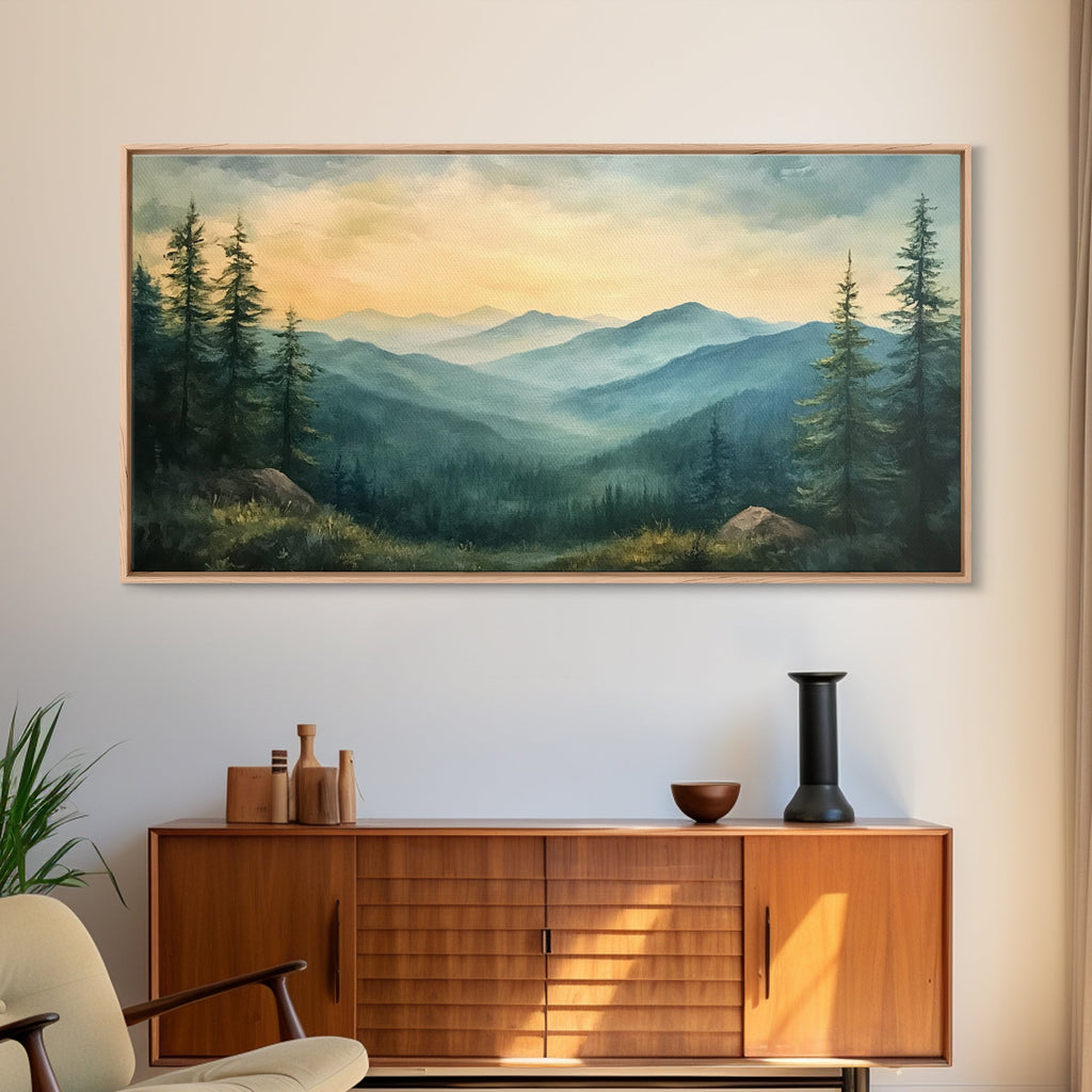 Minimalist Watercolor Painting Print of The Blue Ridge Mountains, Framed Canvas Print, Modern Landscape Painting