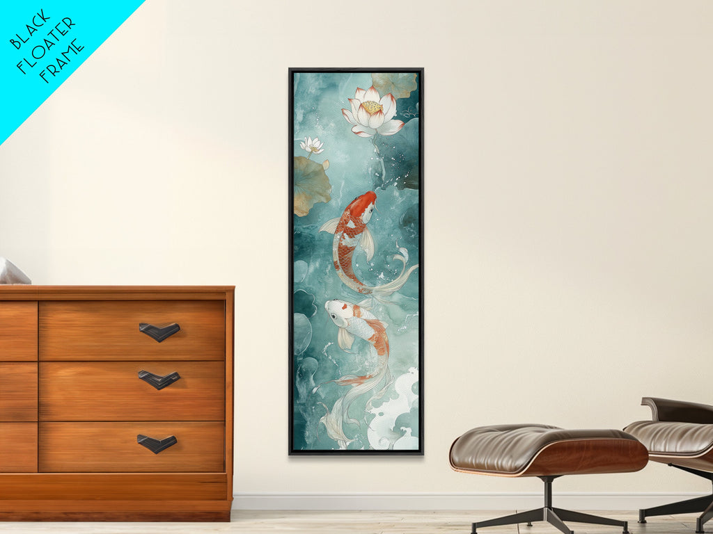 Wabi Sabi Koi Fish Framed Canvas Print, Koi Fish Painting, Elegant Art, Tall Art, Narrow Art, Accent Piece, Japanese Style Art