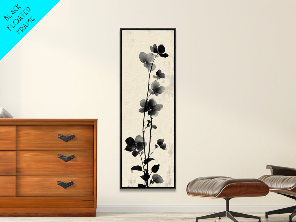 Framed Canvas Print Cherry Blossom Painting Black and White Floral Art, Wabi Sabi Decor, Japanese-Inspired Wall Art, Skinny Canvas Gift