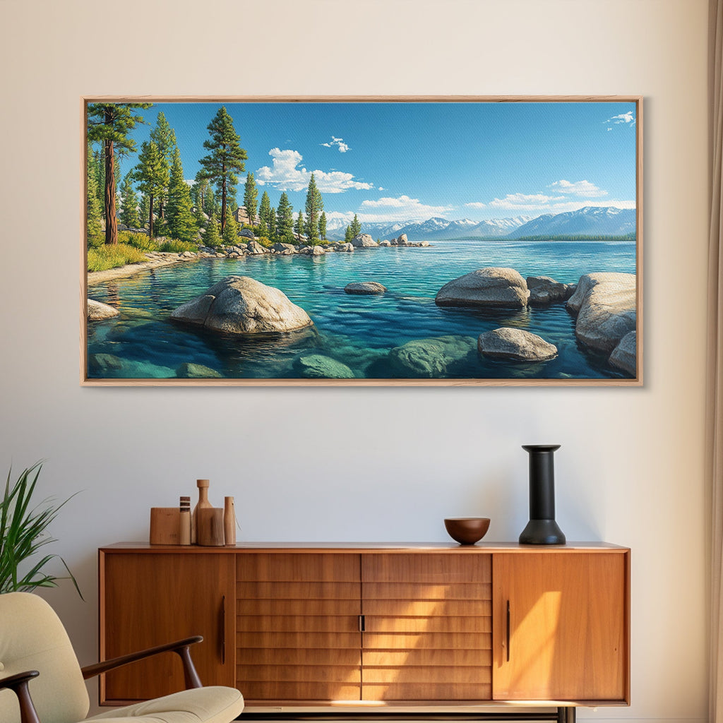 Lake Tahoe Landscape Canvas Print Rustic Wall Art Coastal Nature Scene Above Bed Artwork Living Room Decor Panoramic Painting