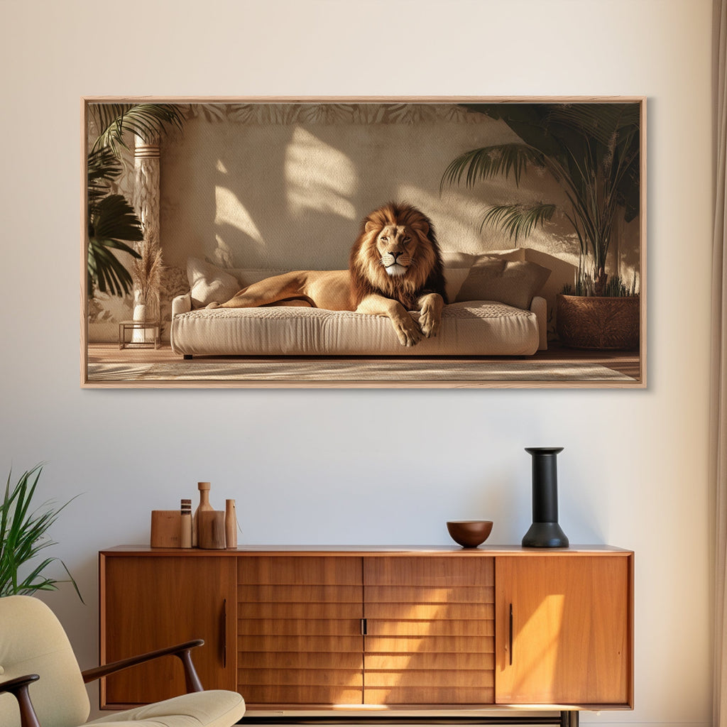 Majestic Lion Portrait Framed Canvas Print, Wild Safari Wall Art, African Animal Painting, Living Room Rustic Decor, Regal Wildlife Art