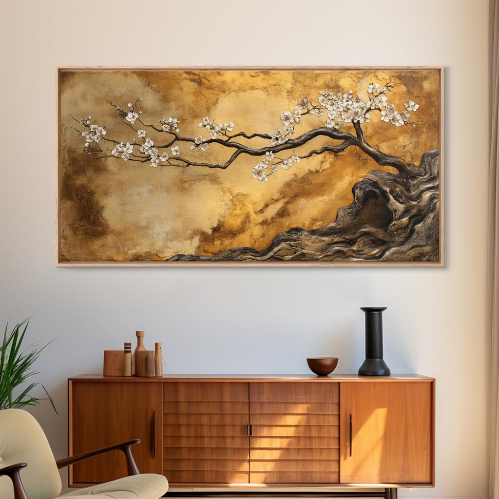 Framed Canvas Print of Golden Cherry Blossom Art in Chinoiserie Style with Metallic Details, Elegant Botanical Wall Art Gift