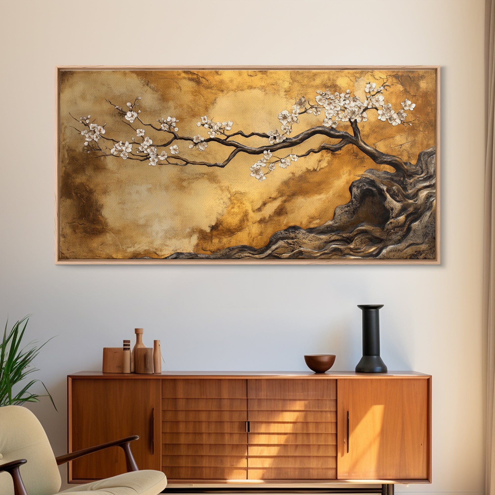 Framed Canvas Print of Golden Cherry Blossom Art in Chinoiserie Style with Metallic Details, Elegant Botanical Wall Art Gift