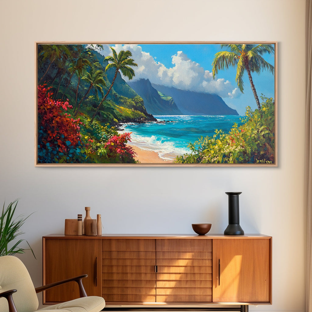 Lush Hawaiian Coast Canvas Print Coastal Painting Nautical Wall Art Panoramic Art Tropical Landscape Art Above Bed Wall Art Gift Idea