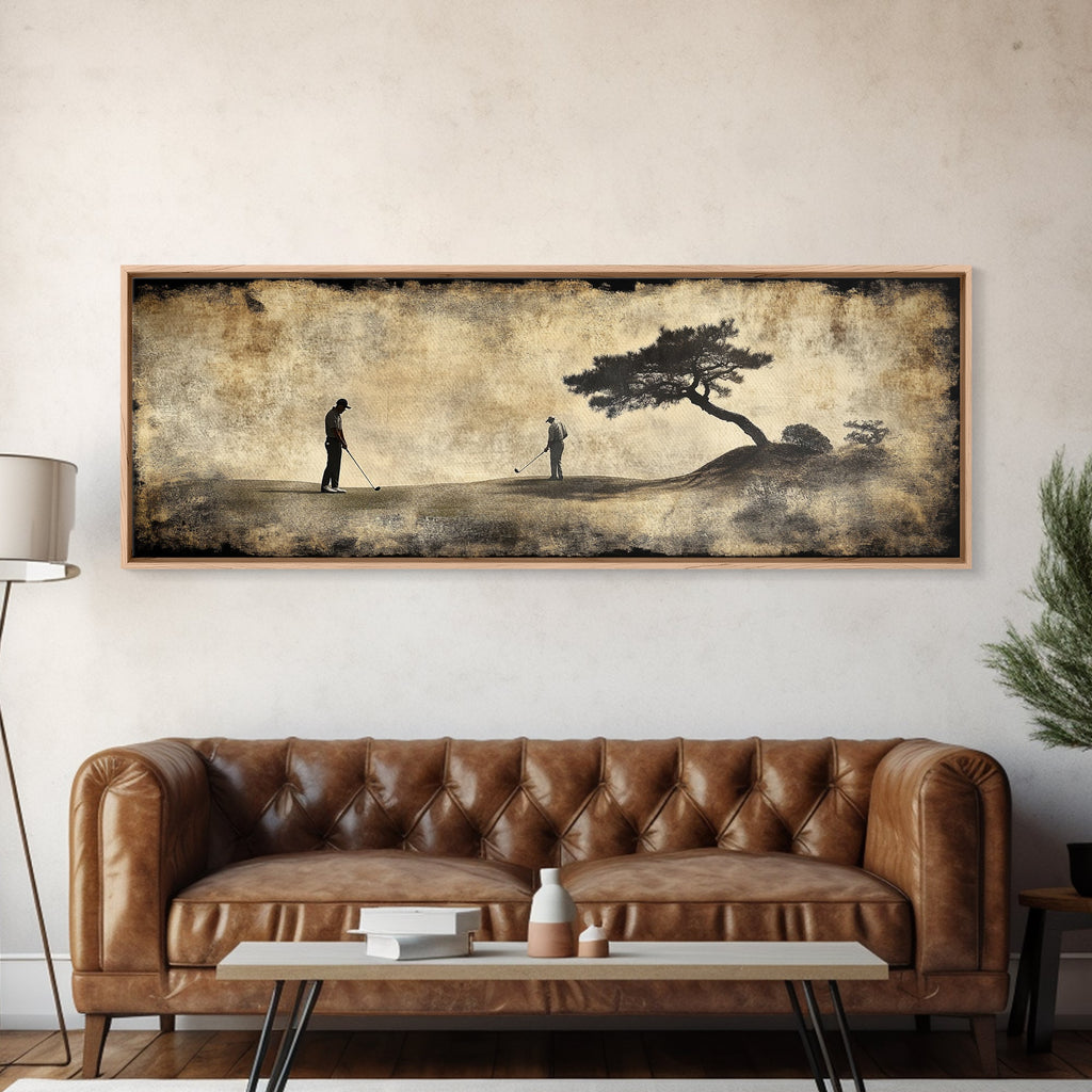 Vintage Golfers Landscape Framed Canvas Print – Rustic Wall Art, Golf Art, Horizontal Wall Art, Living Room Art, Tall Narrow Art