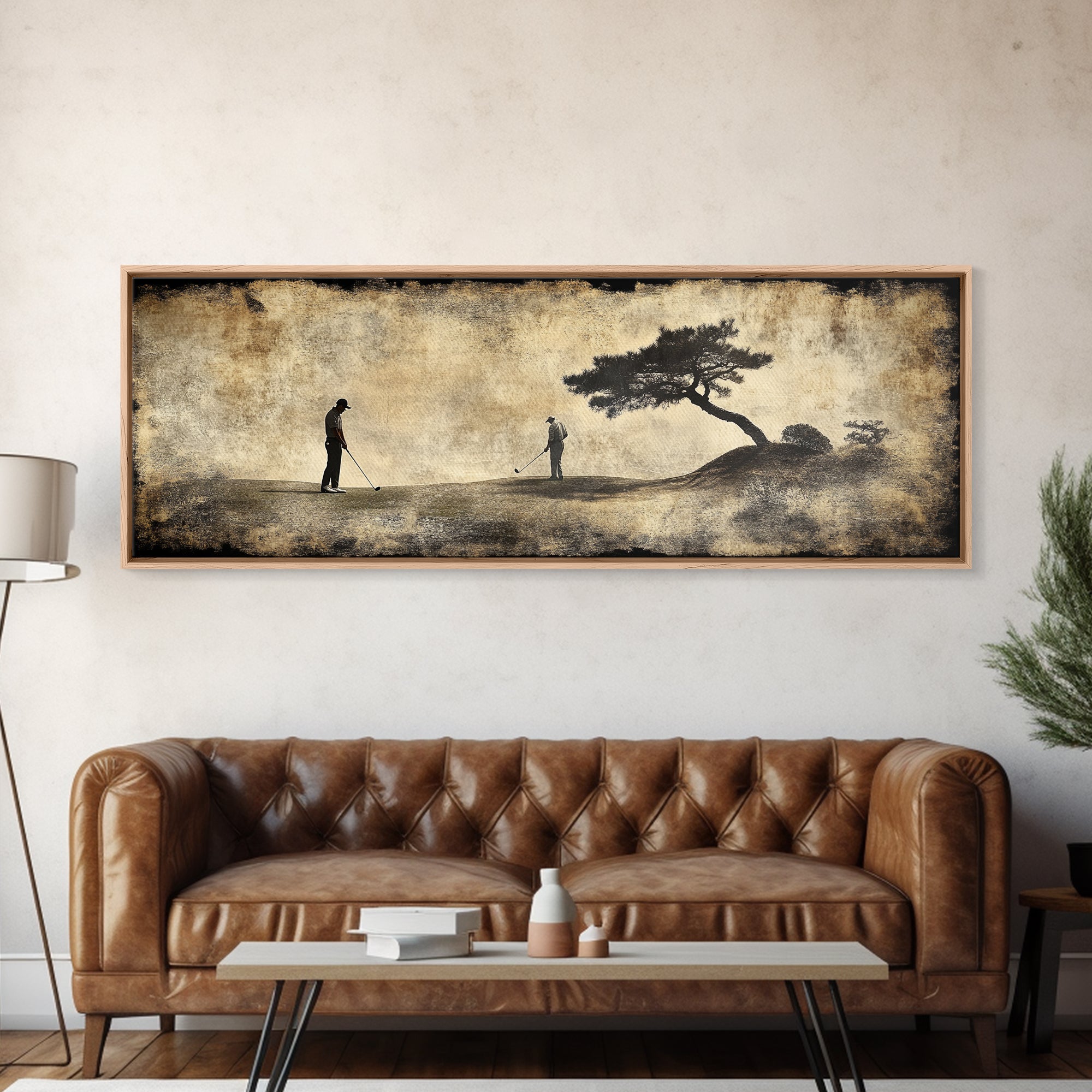 Vintage Golfers Landscape Framed Canvas Print – Rustic Wall Art, Golf Art, Horizontal Wall Art, Living Room Art, Tall Narrow Art