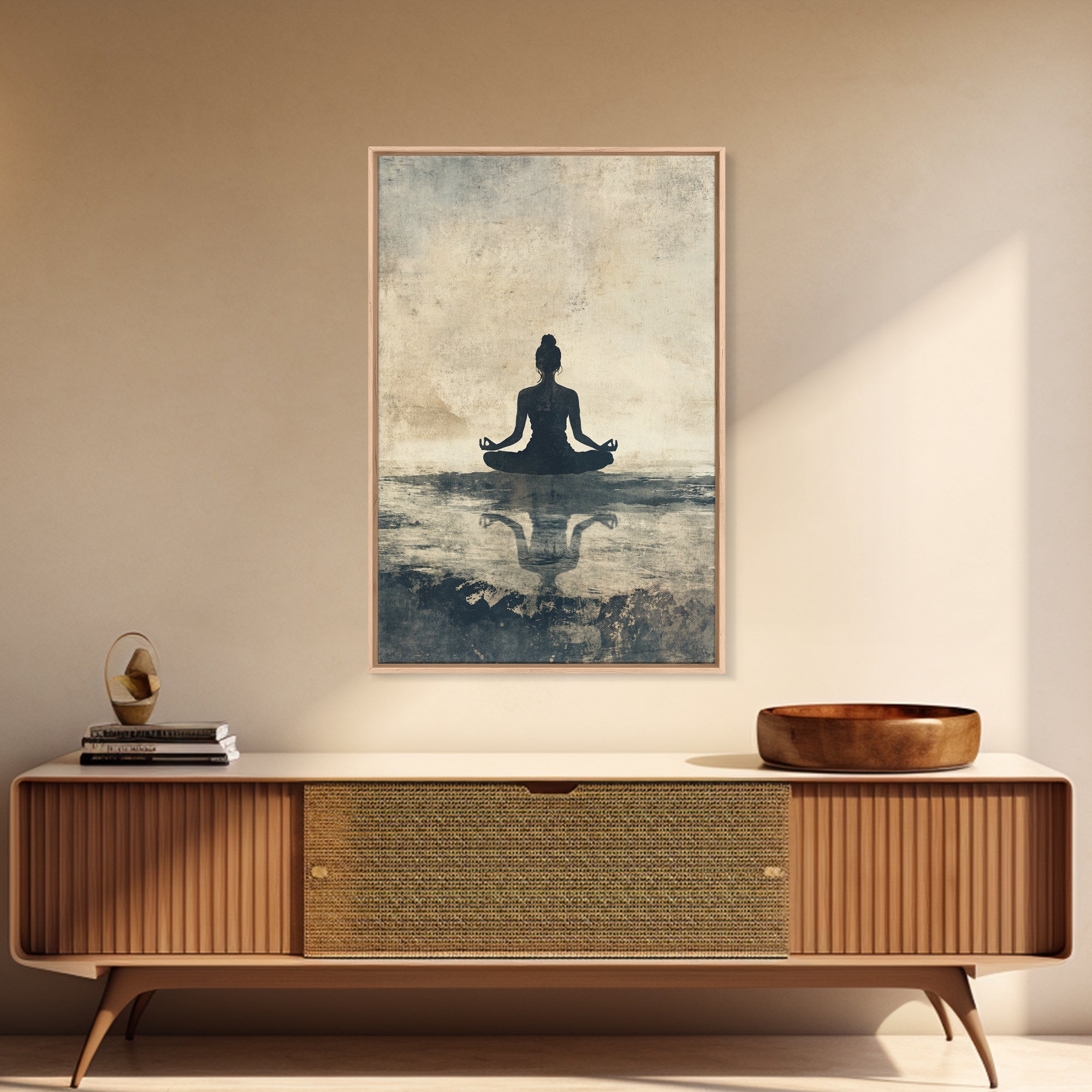 Meditative Silhouette Canvas Print with Wabi Sabi Art, Minimalist Zen Wall Art, Neutral Sage Green Decor, Yoga Art for Relaxation