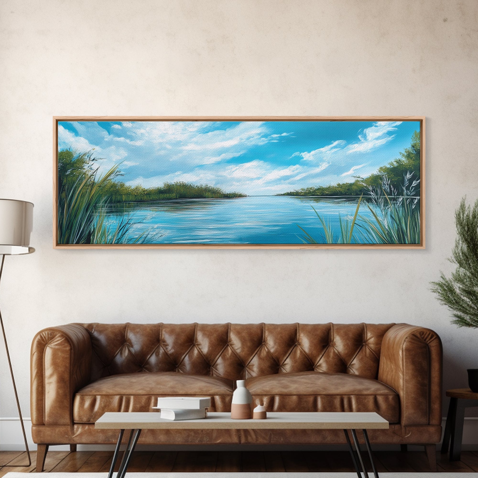 Tranquil River Landscape Art, Serene Water Painting, Nature Wall Decor, Blue Green Home Decor, Modern Office Wall Art