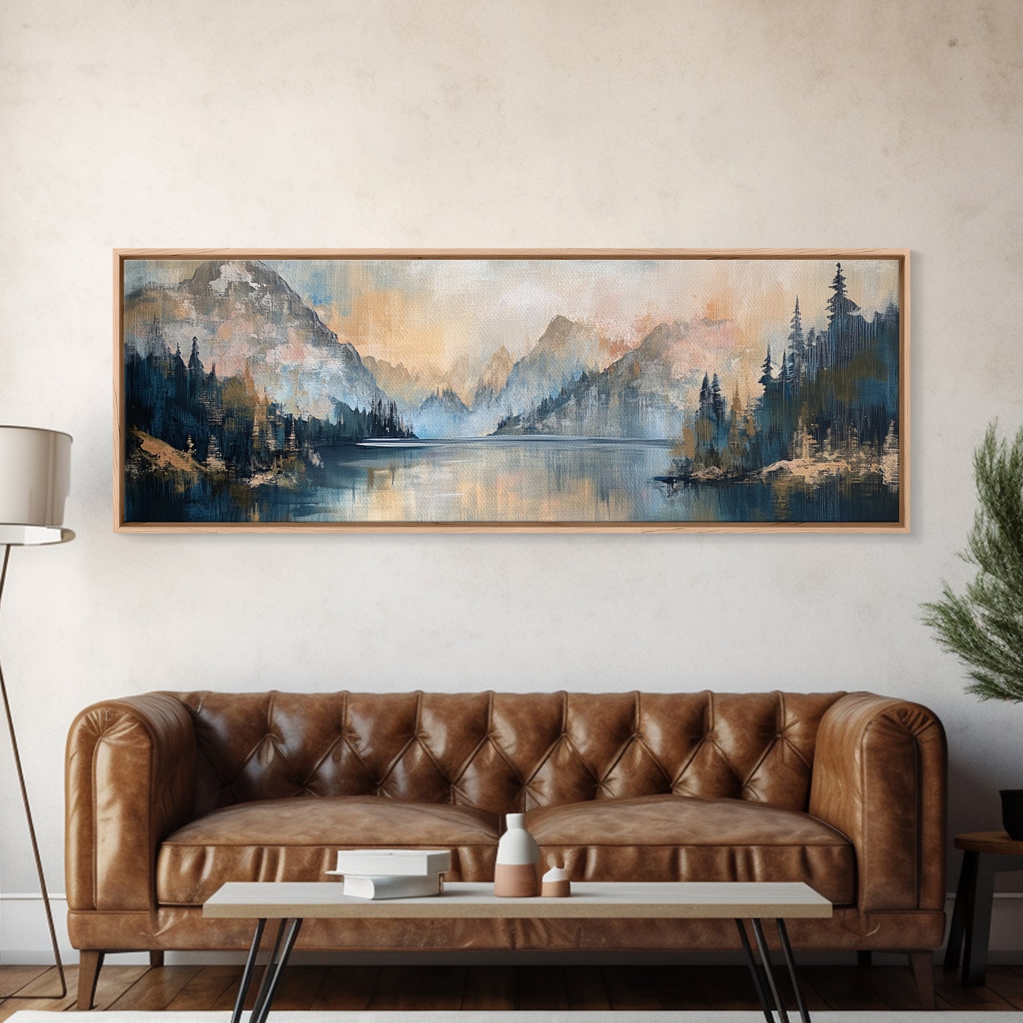 Mountain Lake Reflection Framed Canvas Print - Tranquil Nature Painting, Neutral Home Decor, Minimalist Landscape Wall Art