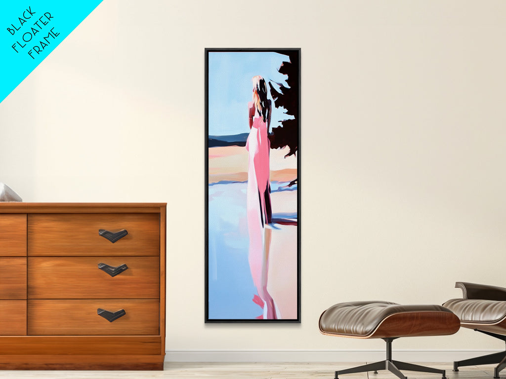 Tranquil Woman, Nature Reflection, Soft Pastels, Serene Landscape, Framed Canvas Print, Minimalist Art, Peaceful Home Decor