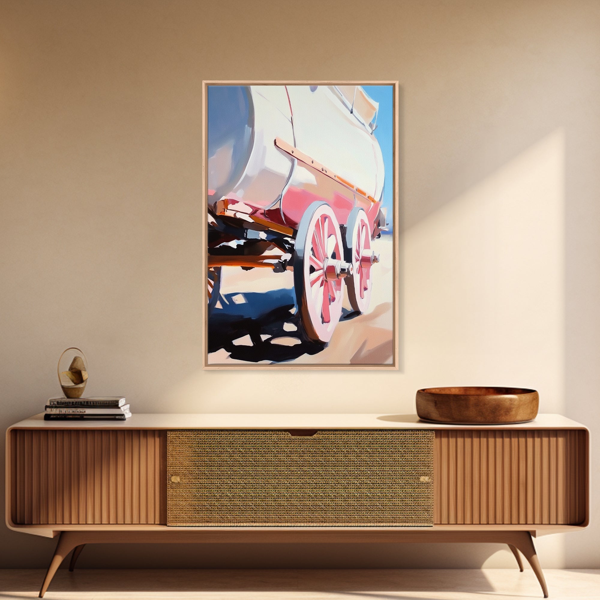Wagon, Vintage Country, Rustic, Old West, Americana, Farmhouse, Minimalist, Warm Tones, Travel, Aesthetic, Framed Canvas Print