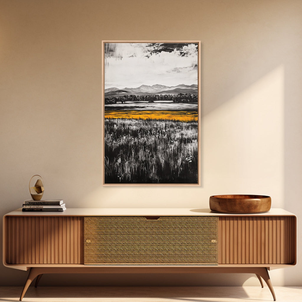 Golden Meadow, Black and White Landscape with Yellow Accents, Minimalist Nature Wall Art, Framed Canvas Print, Living Room or Office Decor