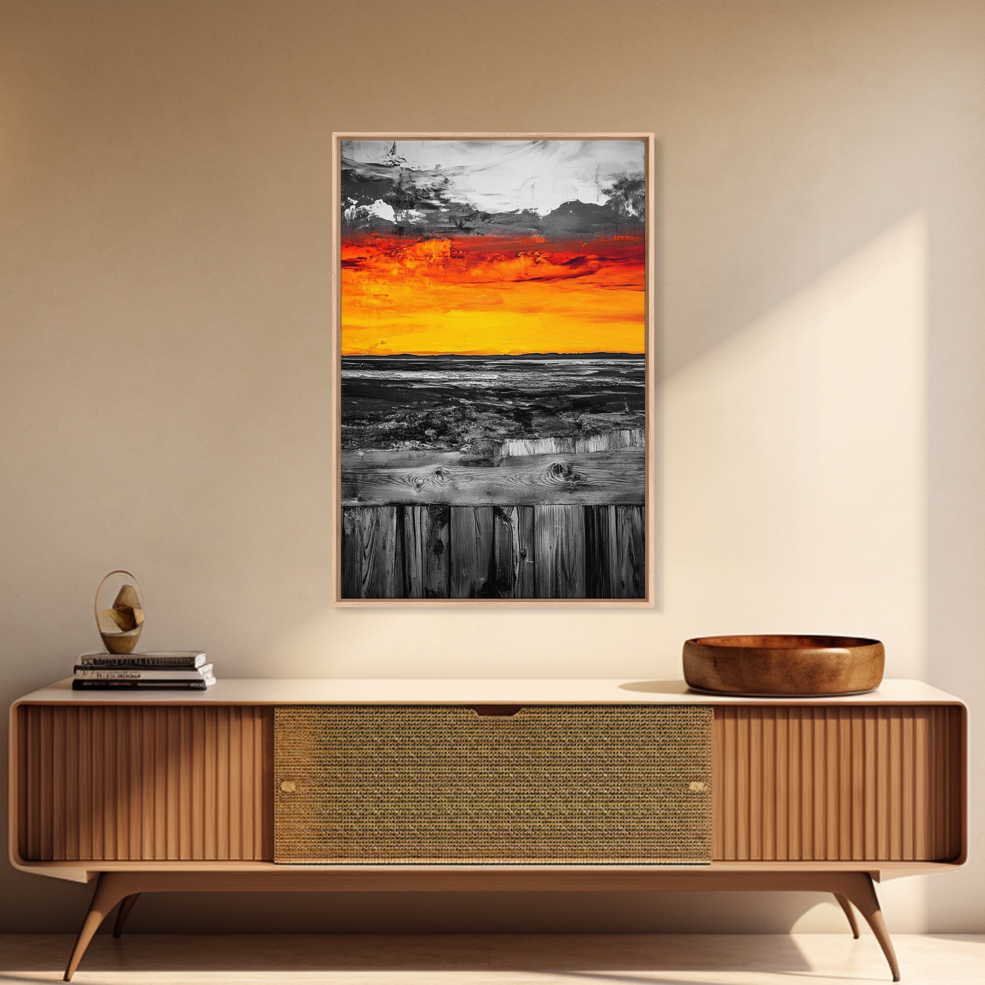 Sunset Landscape, Rustic Fence, Fiery Sky Art, Bold Color Wall Art, Abstract Nature Scene, Canvas Print, Boho Home Decor