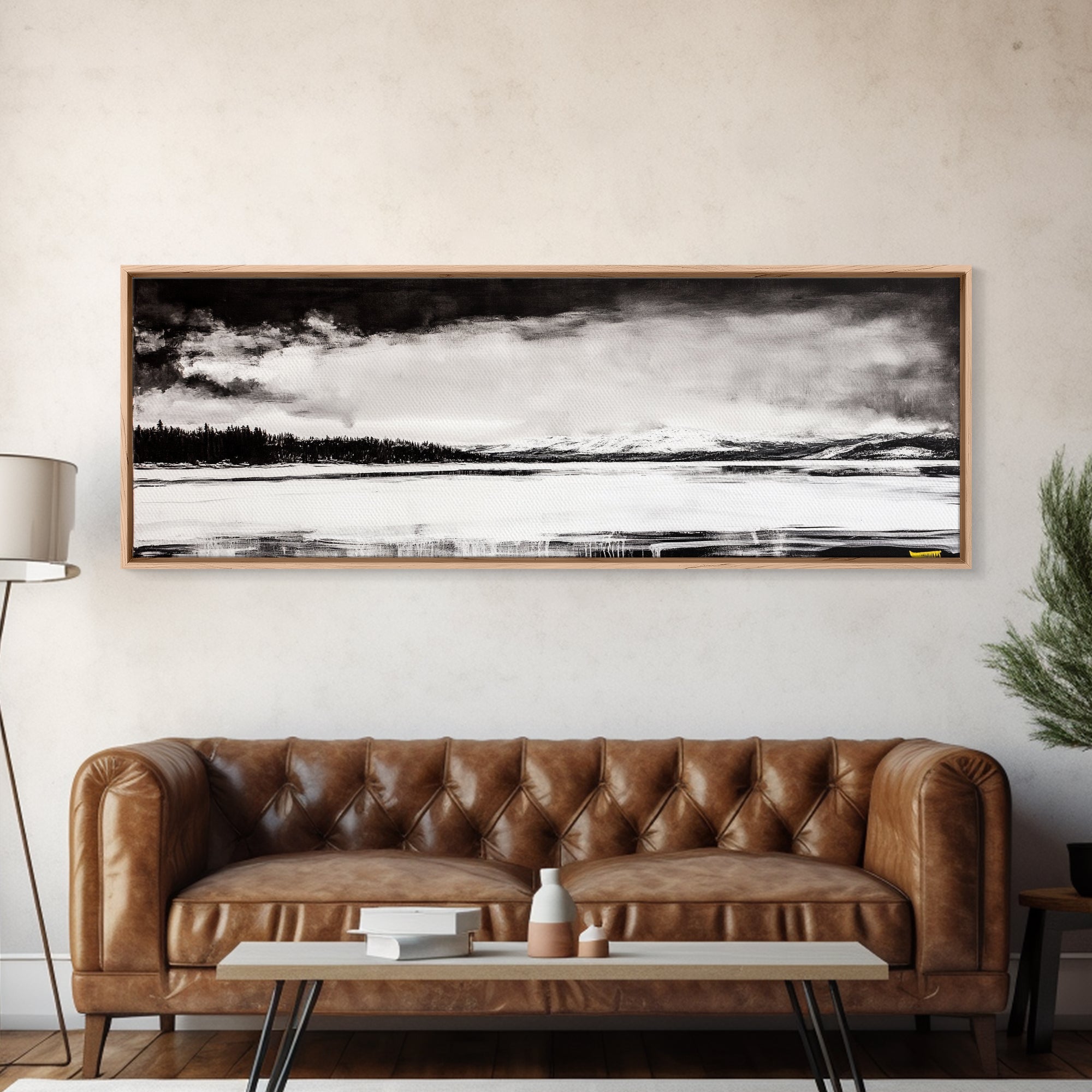 Snowy Lake Scene, Minimalist Landscape, Framed Canvas Print, Winter Wall Art, Serene Home Decor, Modern Office Art, Monochrome Nature Painting