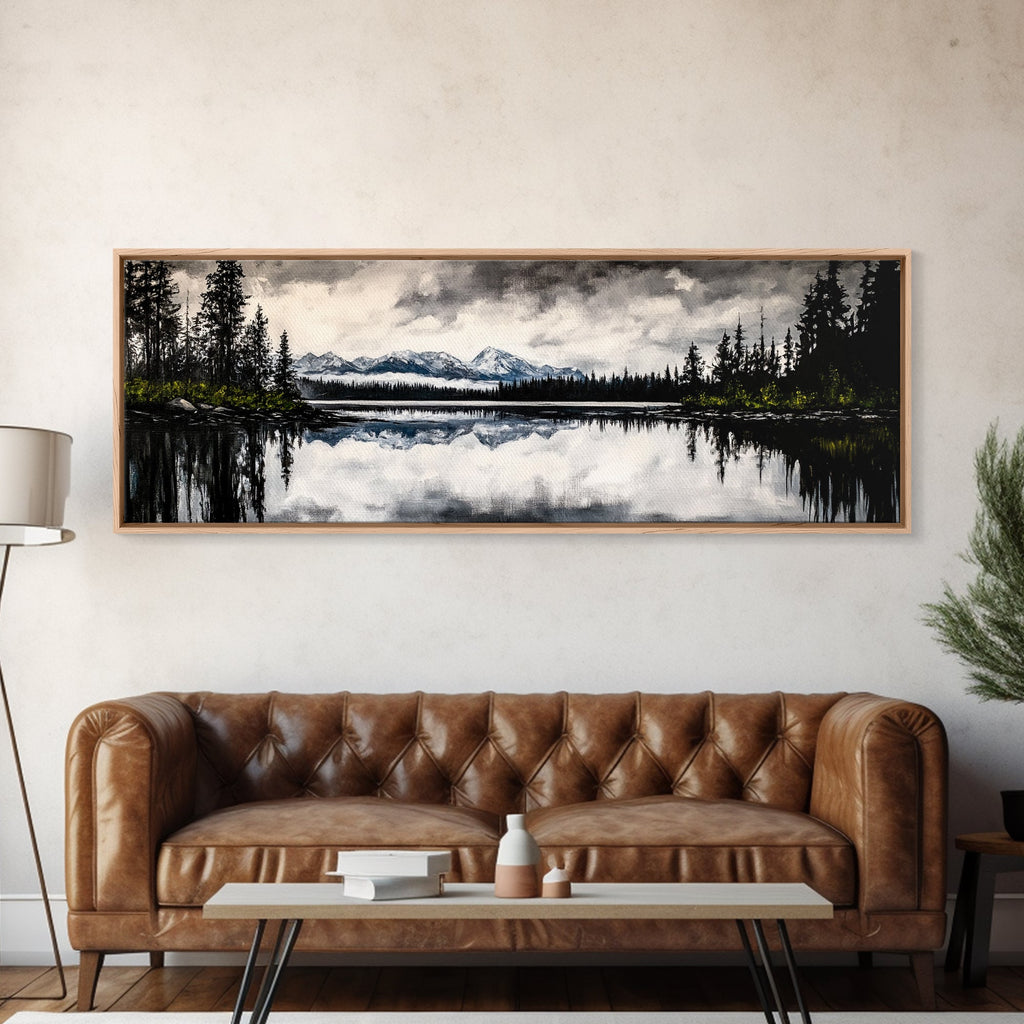 Mountain Reflection, Tranquil Lake Art, Black and White Landscape, Nature Inspired Decor, Framed Canvas Print, Cabin Wall Art, Moody Forest Scene