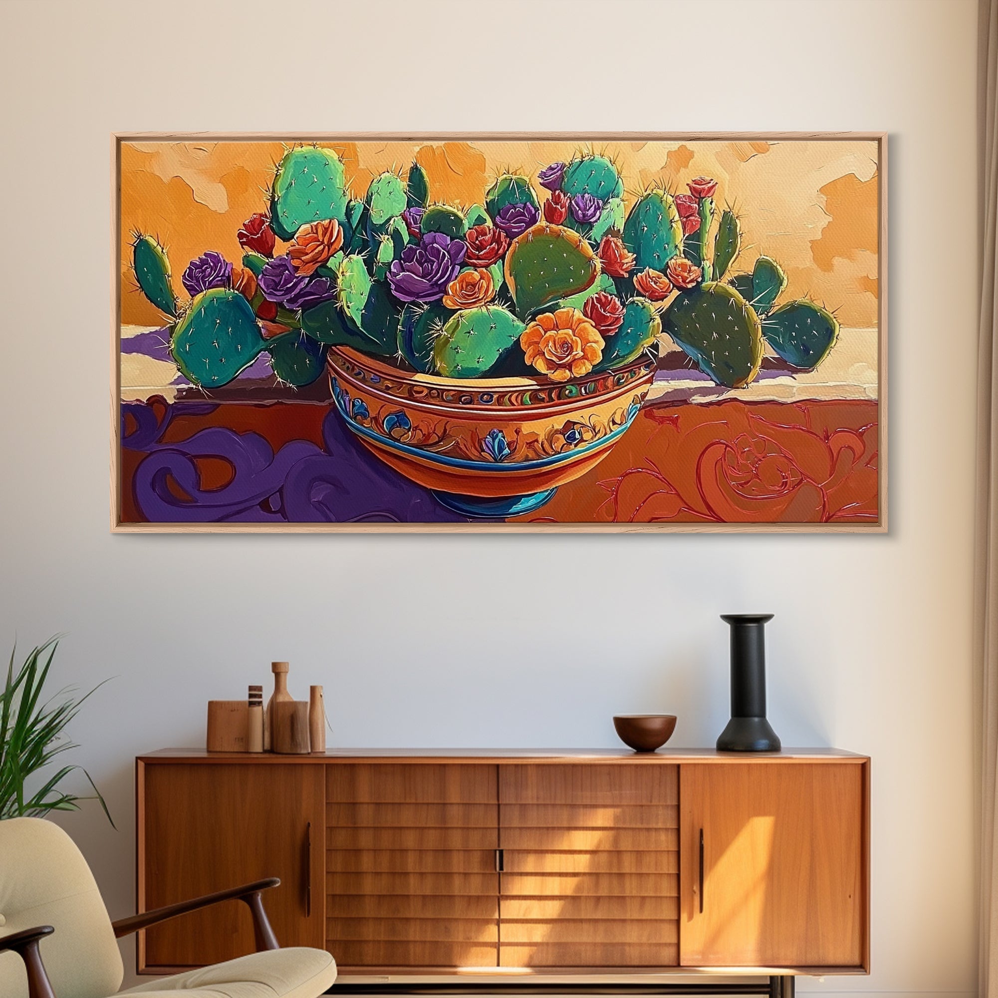 Cactus, Succulent, Pottery, Flowers, Canvas Print southwestern kitchen wall art, vibrant decor, colorful succulent painting
