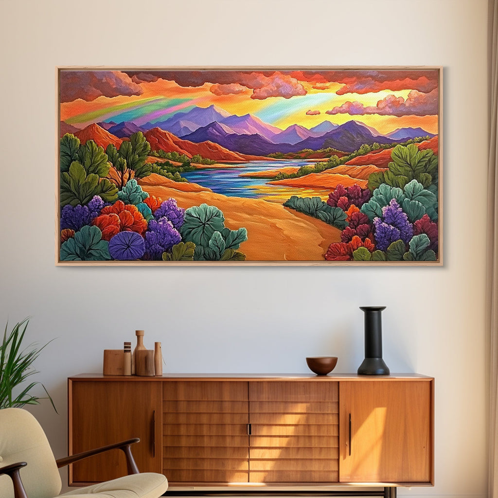 Rainbow Sky, Desert River, Mountain View, Canvas Print, Scenic Landscape Wall Art, Colorful Fall Decor, Living Room Statement Piece