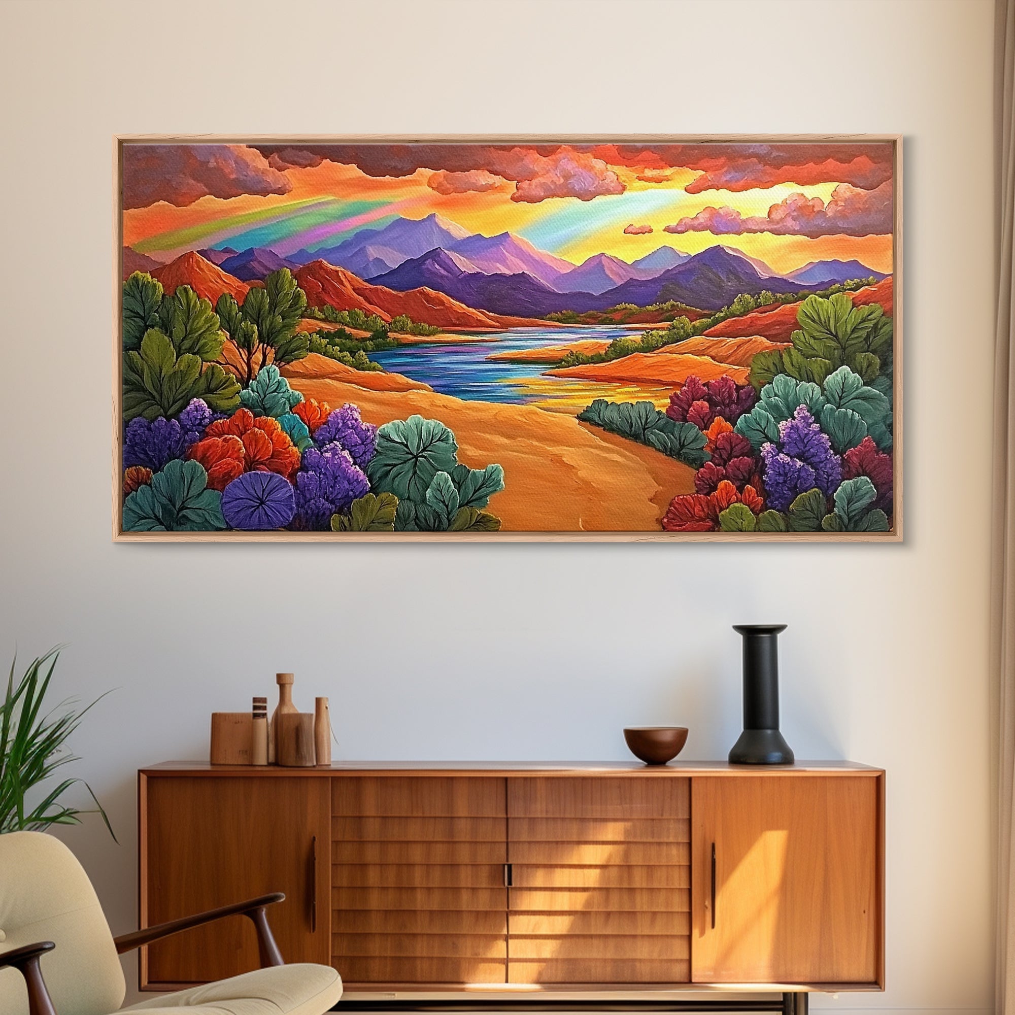 Rainbow Sky, Desert River, Mountain View, Canvas Print, Scenic Landscape Wall Art, Colorful Fall Decor, Living Room Statement Piece