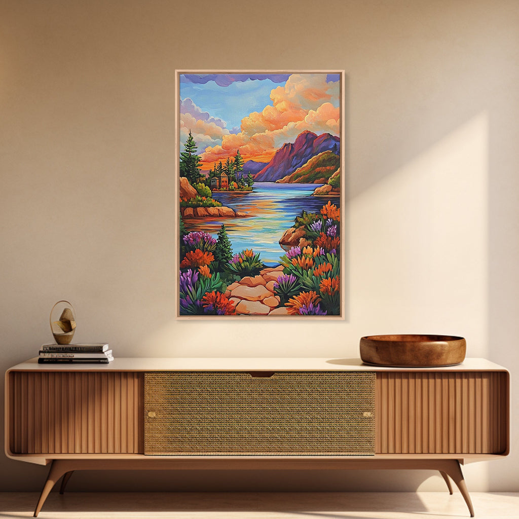 Lake Sunset, Mountains, Cabin, Framed Canvas Print, Serene mountain lake at sunset with cozy cabins, peaceful autumn living room wall art