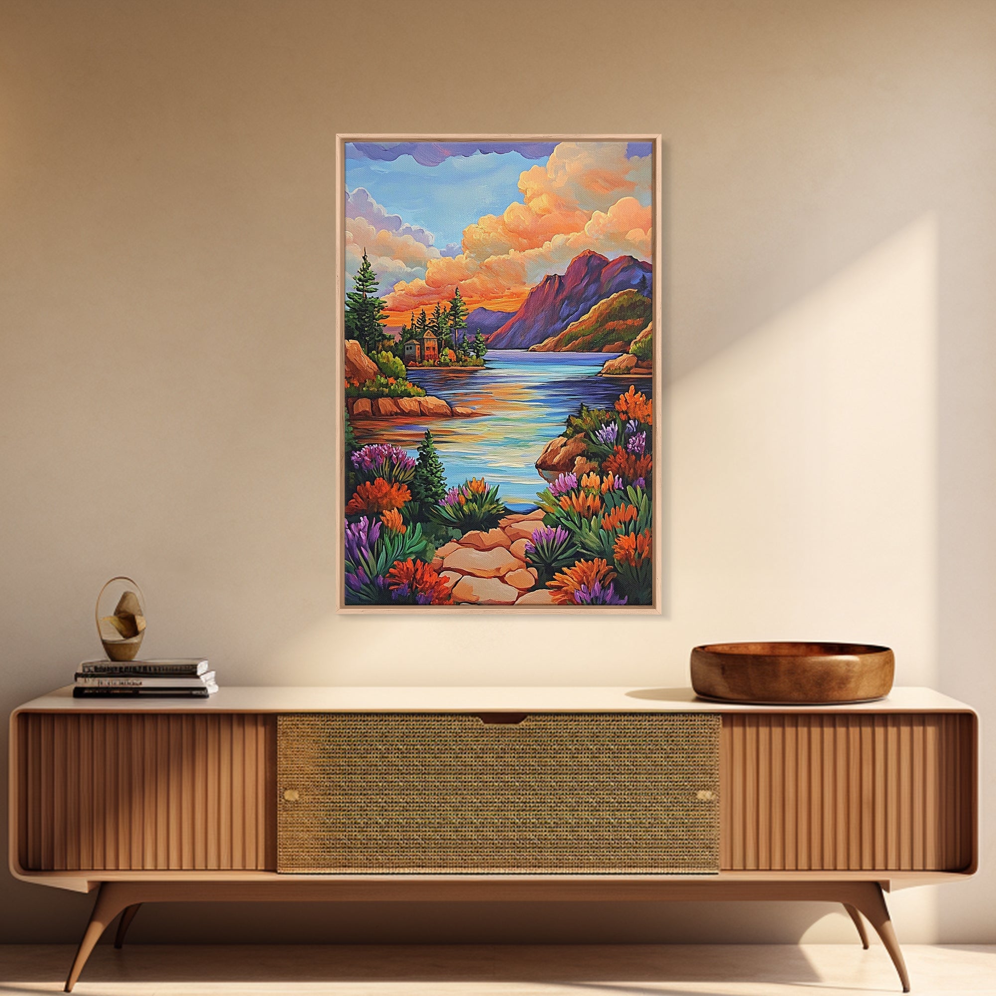 Lake Sunset, Mountains, Cabin, Framed Canvas Print, Serene mountain lake at sunset with cozy cabins, peaceful autumn living room wall art
