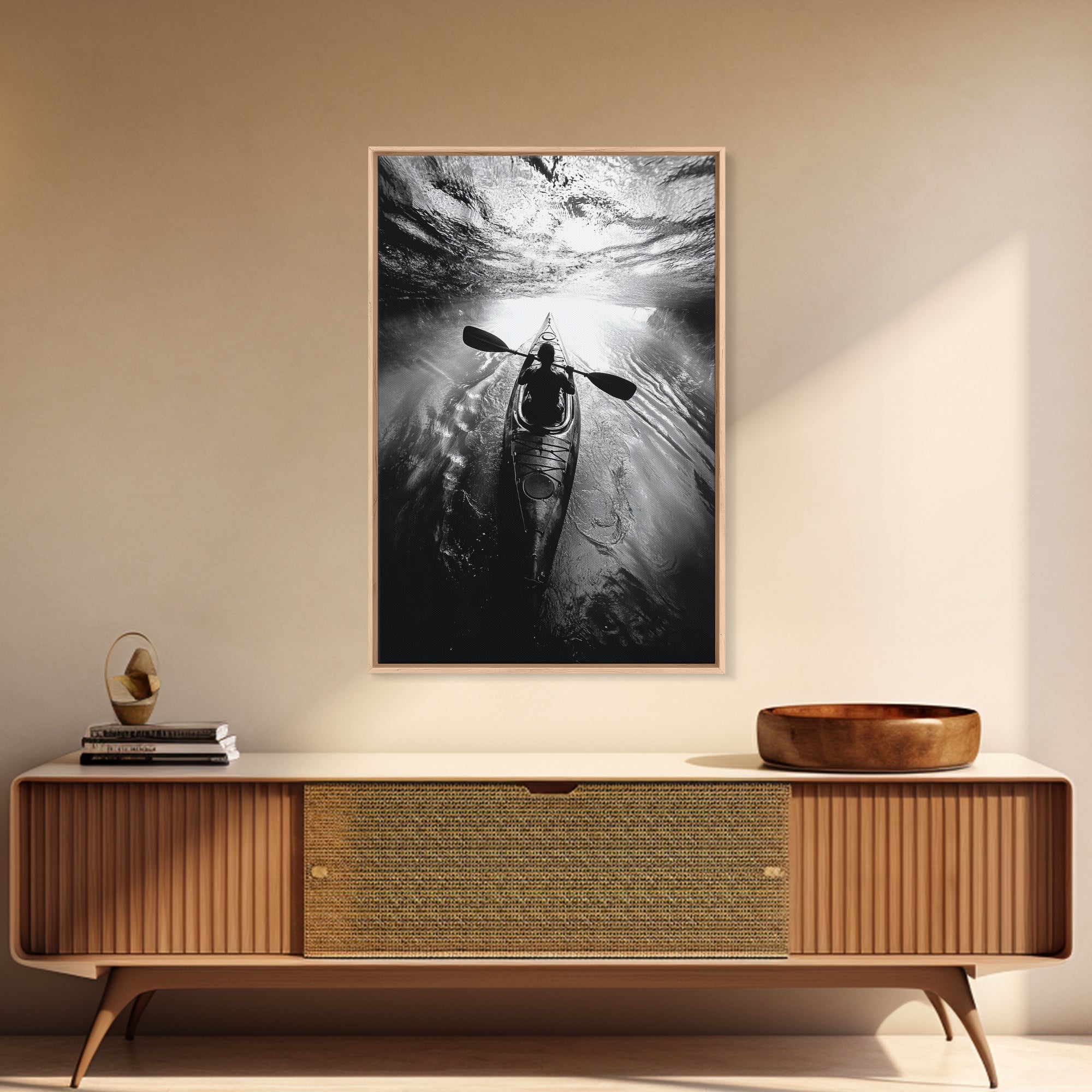 Kayaking Exploration, River Reflections, Adventure Sport, Framed Canvas Print, Office Wall Art, Moody Travel Photography, Nature Wall Decor