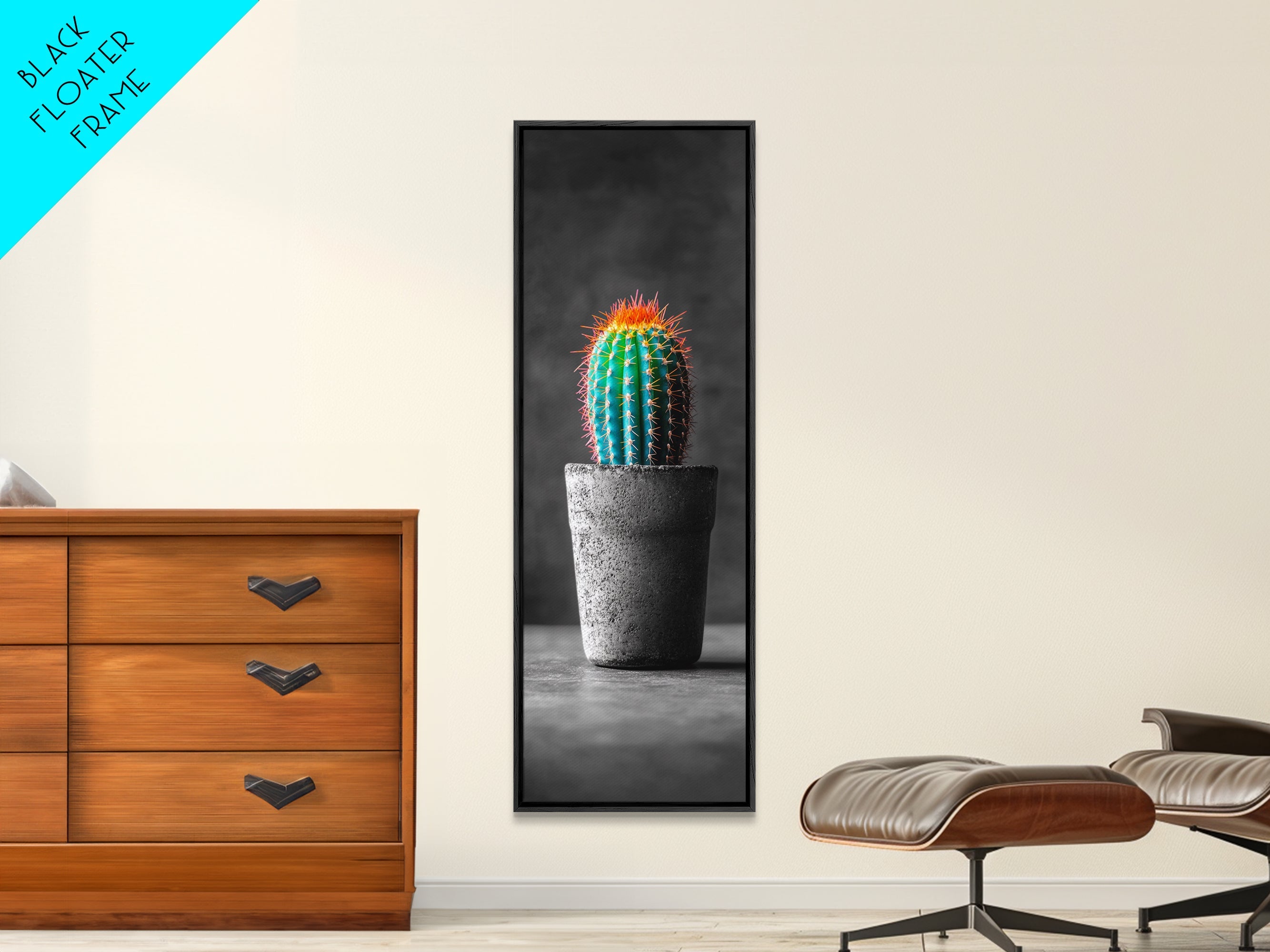 Neon Cactus, Desert Plant, Bold Botanical, Modern Boho Decor, Framed Canvas Print, Bedroom Wall Art, Color Pop Style
