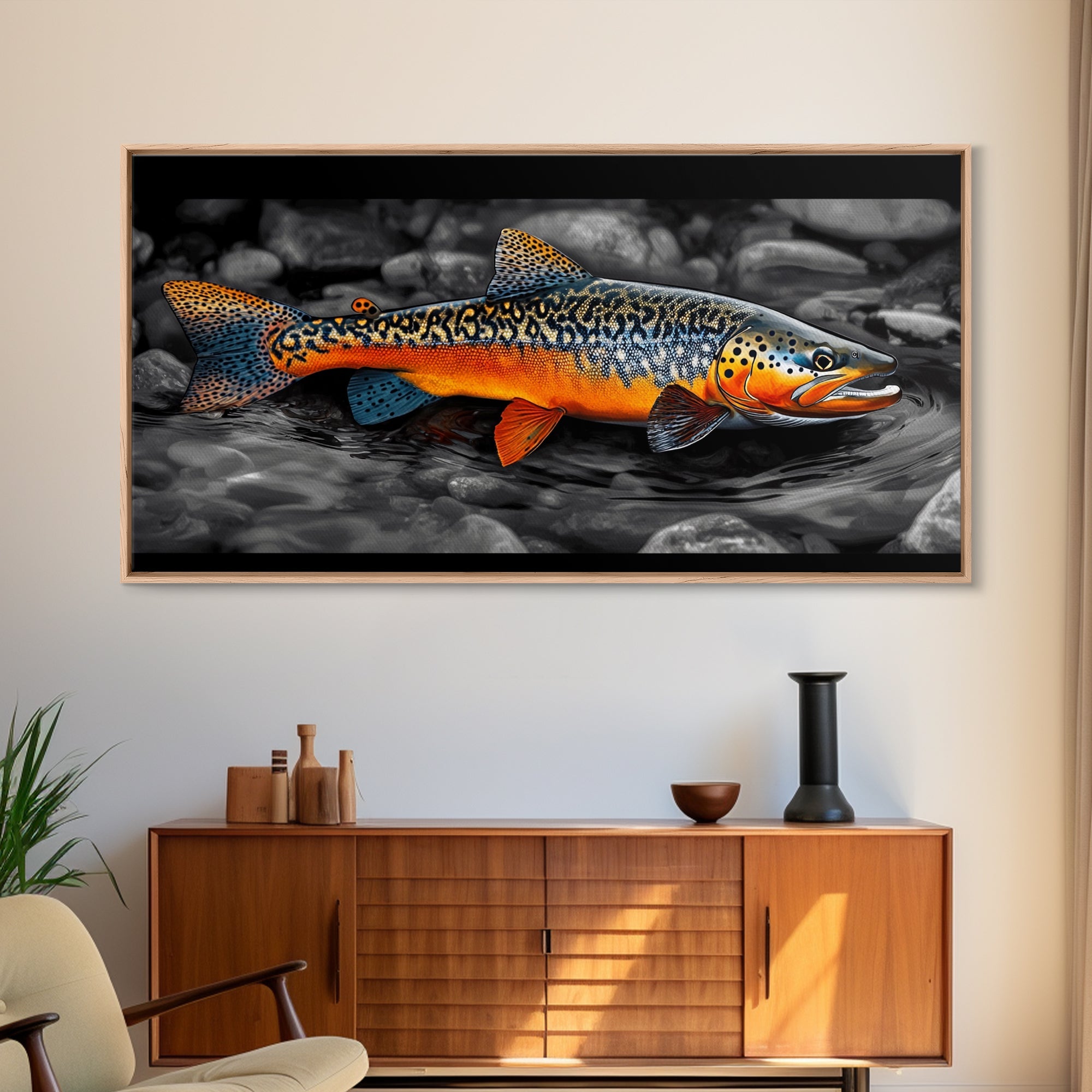 Rainbow Trout, Colorful Fish, Bold Patterns, River Stream – Framed Canvas Print, Fishing Wall Art, Cabin Decor, Rustic Wildlife