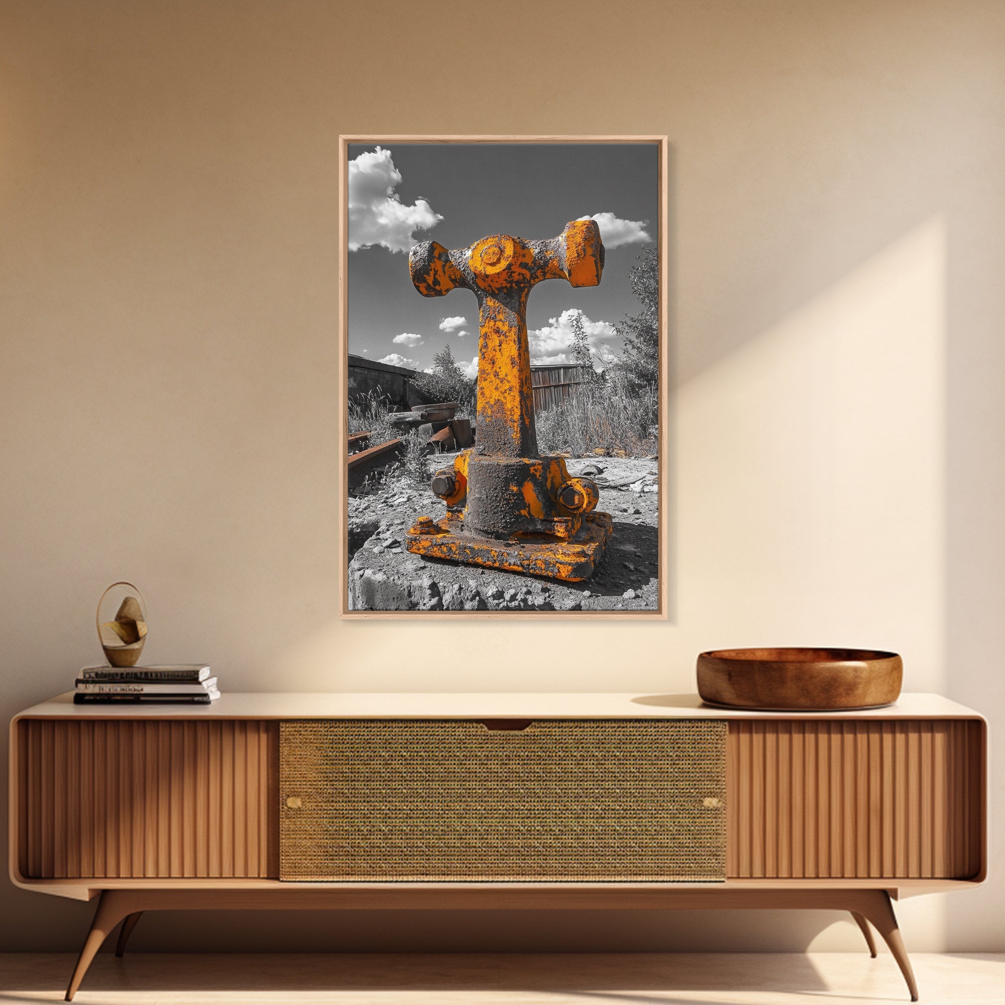 Rusty Bolt, Yellow Steel, Industrial Contrast, Framed Canvas Print, Garage Decor, Workshop Wall Art, Urban Grunge Photography