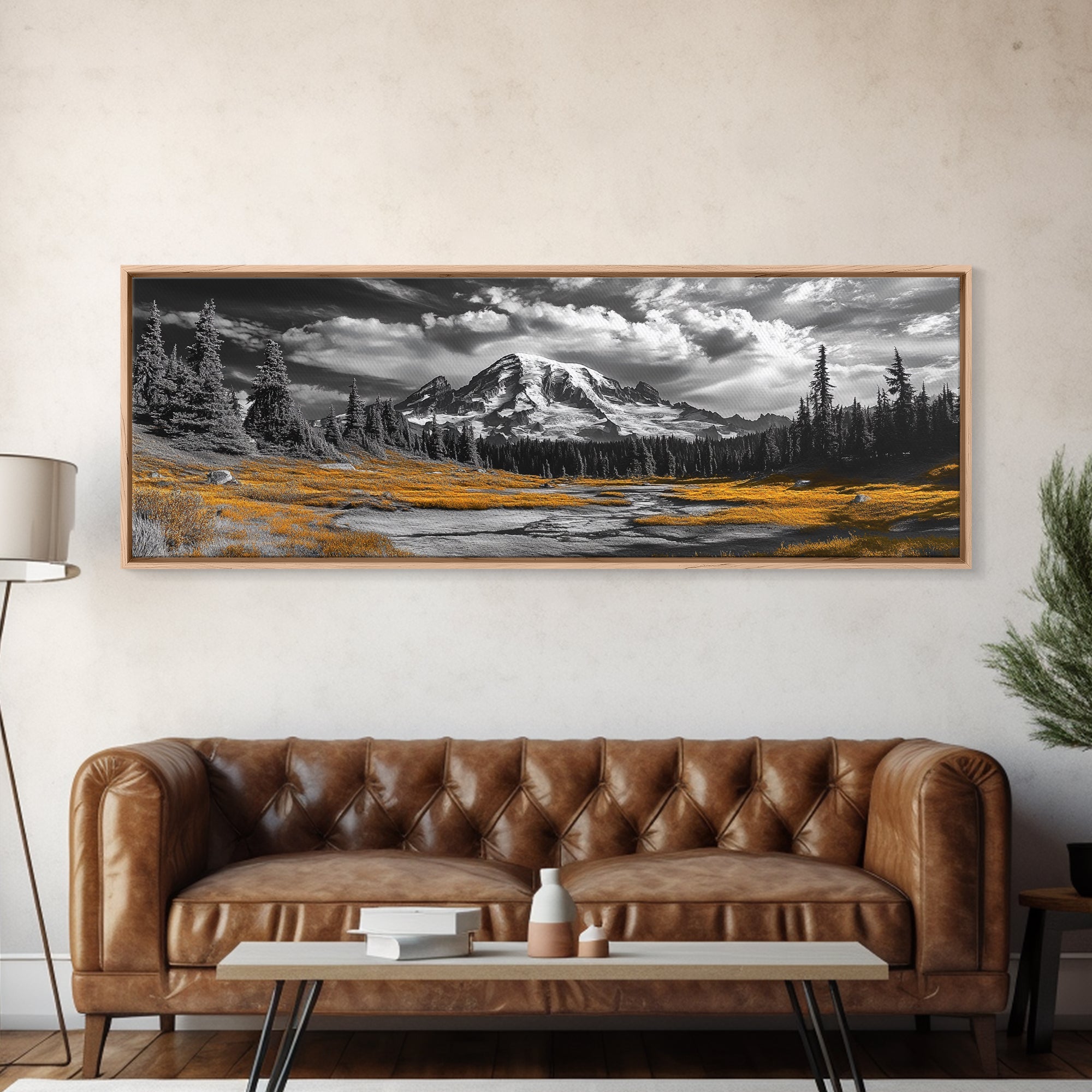 Majestic Mountain Scene, Snow Peaks and Meadows, Alpine Wilderness View, Framed Canvas Print, Cabin Wall Decor, Nature Wall Art