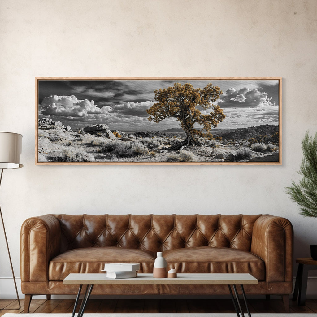 Twisted Desert Tree, Rocky Canyon Art, Dramatic Sky Nature Scene, Framed Canvas Print, Rustic Wall Decor, Moody Western Home Aesthetic