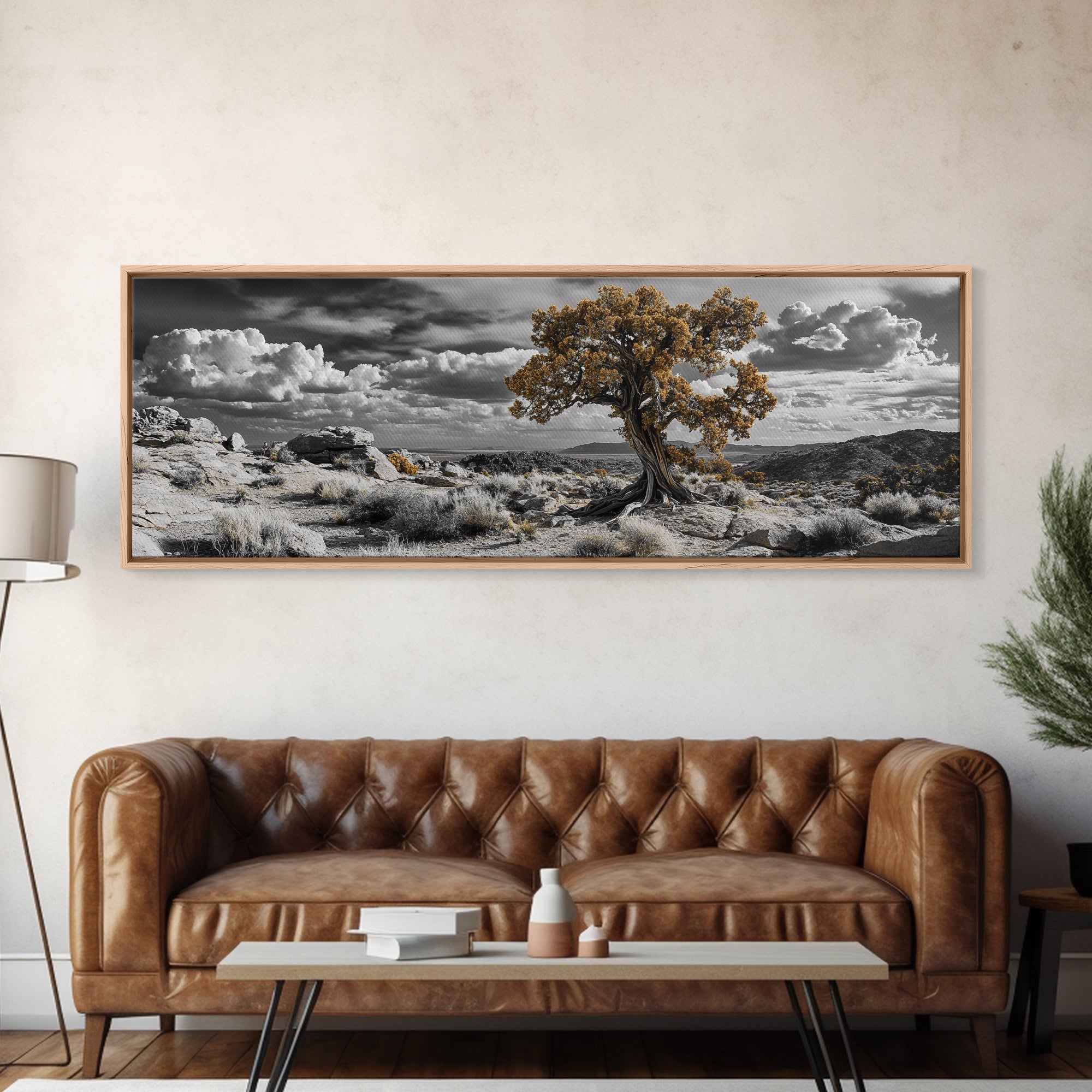 Twisted Desert Tree, Rocky Canyon Art, Dramatic Sky Nature Scene, Framed Canvas Print, Rustic Wall Decor, Moody Western Home Aesthetic