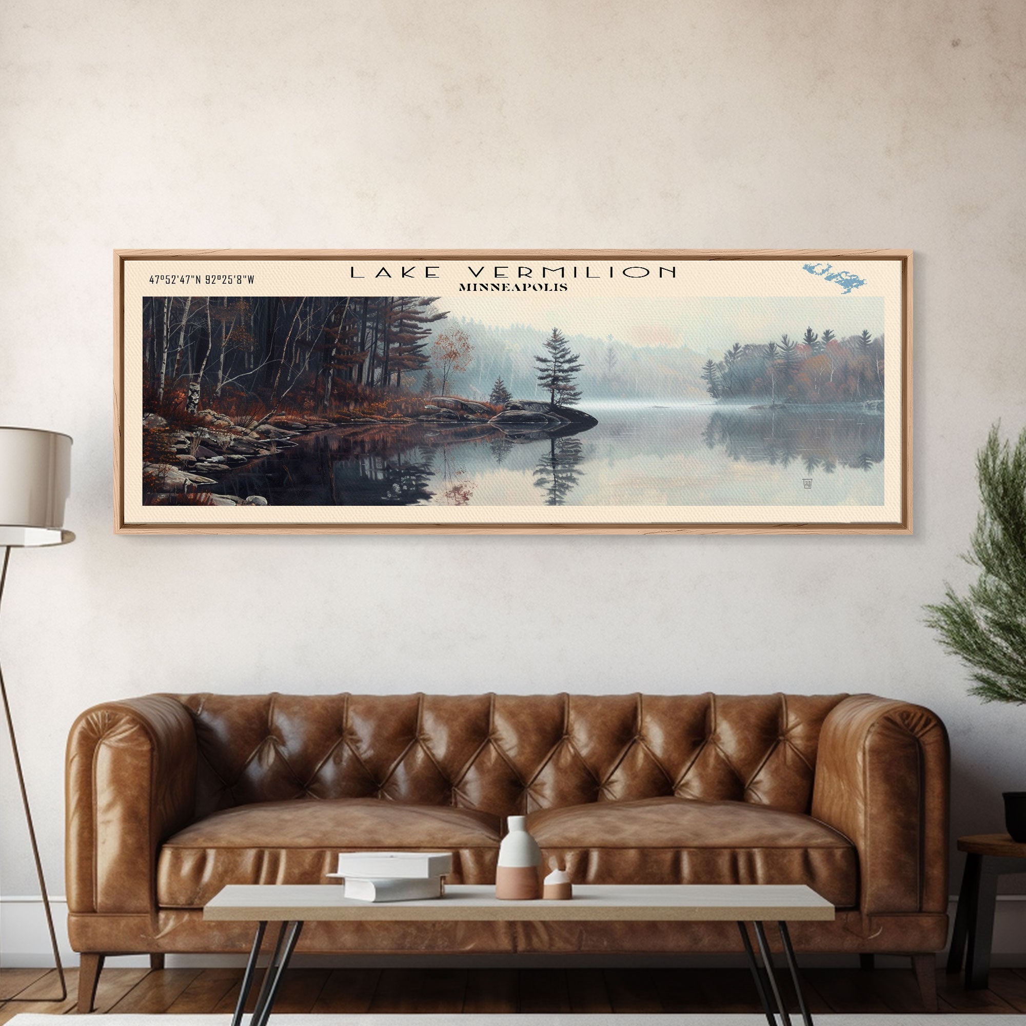 Lake Vermilion Minneapolis Framed Canvas Print, Lake House Decor, Panoramic Wall Art, Travel Poster, Scenic Landscape Painting, Rustic Art