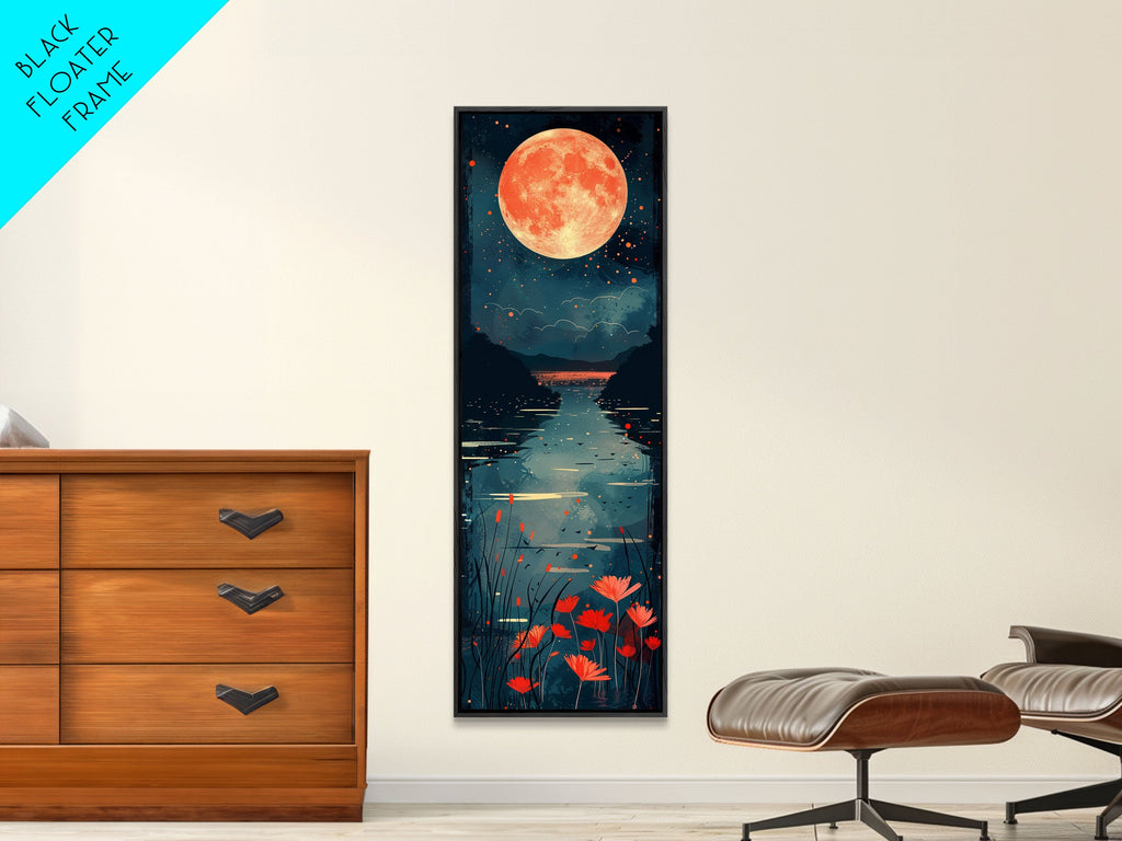 Skinny Art Full Moon Over Lake In Japanese Style Wood Block Print Vibrant Night Scene On Framed Canvas Print, Tall Art Ukiyo-e