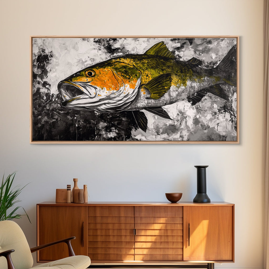 Trout Fish Art, Rustic Fishing Wall Art, Wildlife Painting, Extra Wide Art, Nature Lover Gift, Framed Canvas Print, Cabin Wall Decor