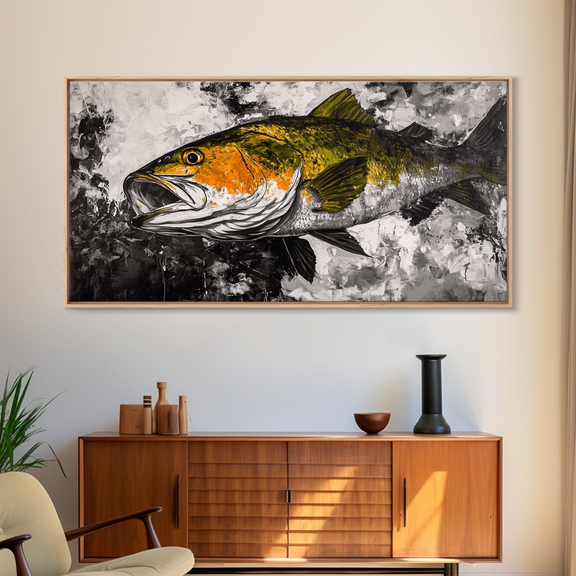 Trout Fish Art, Rustic Fishing Wall Art, Wildlife Painting, Extra Wide Art, Nature Lover Gift, Framed Canvas Print, Cabin Wall Decor