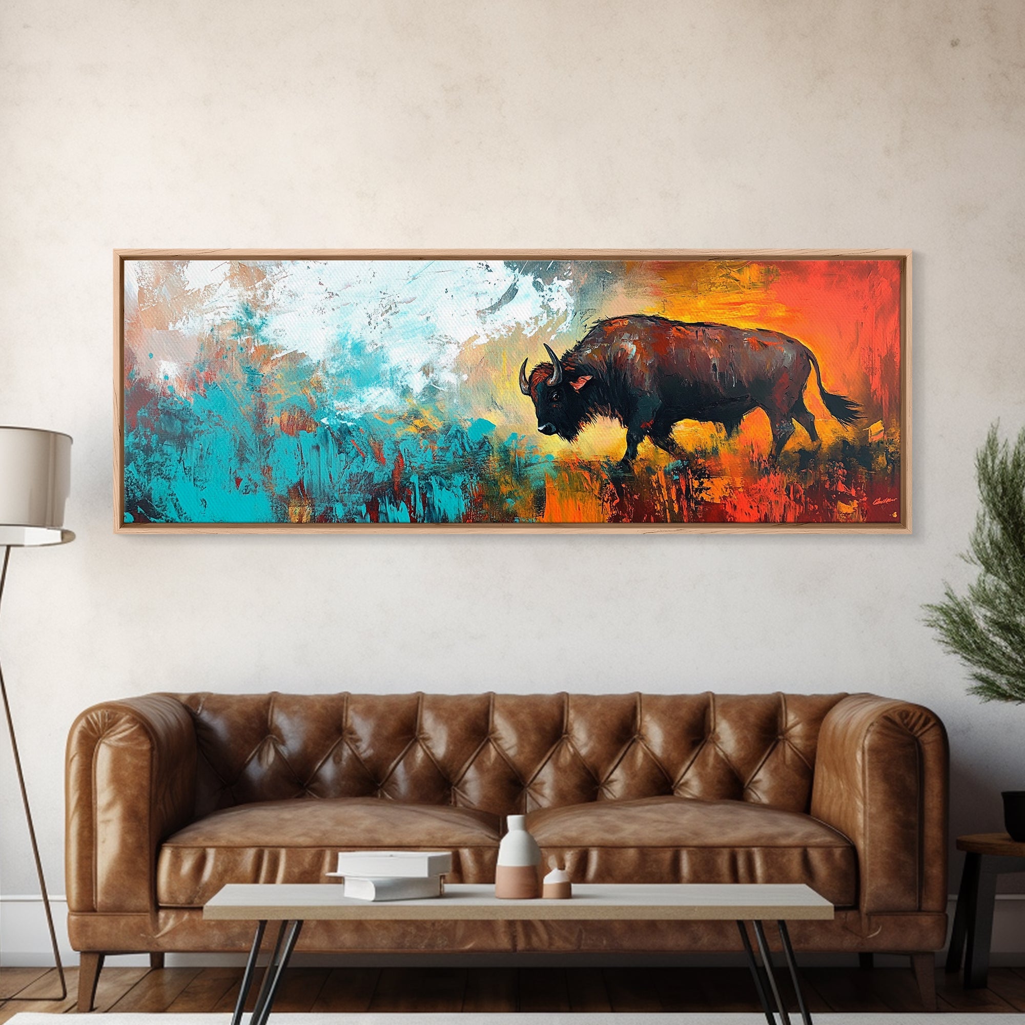 Abstract bison, rustic decor, teal wall art, western painting, bold color art, boho art, extra wide art, framed canvas print